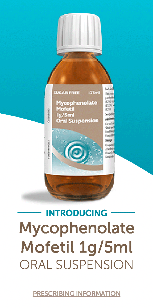 WEB BANNER: A bottle of Mycophenolate Mofetil 1g/5ml oral suspension with a white cap and a label indicating it is sugar-free.