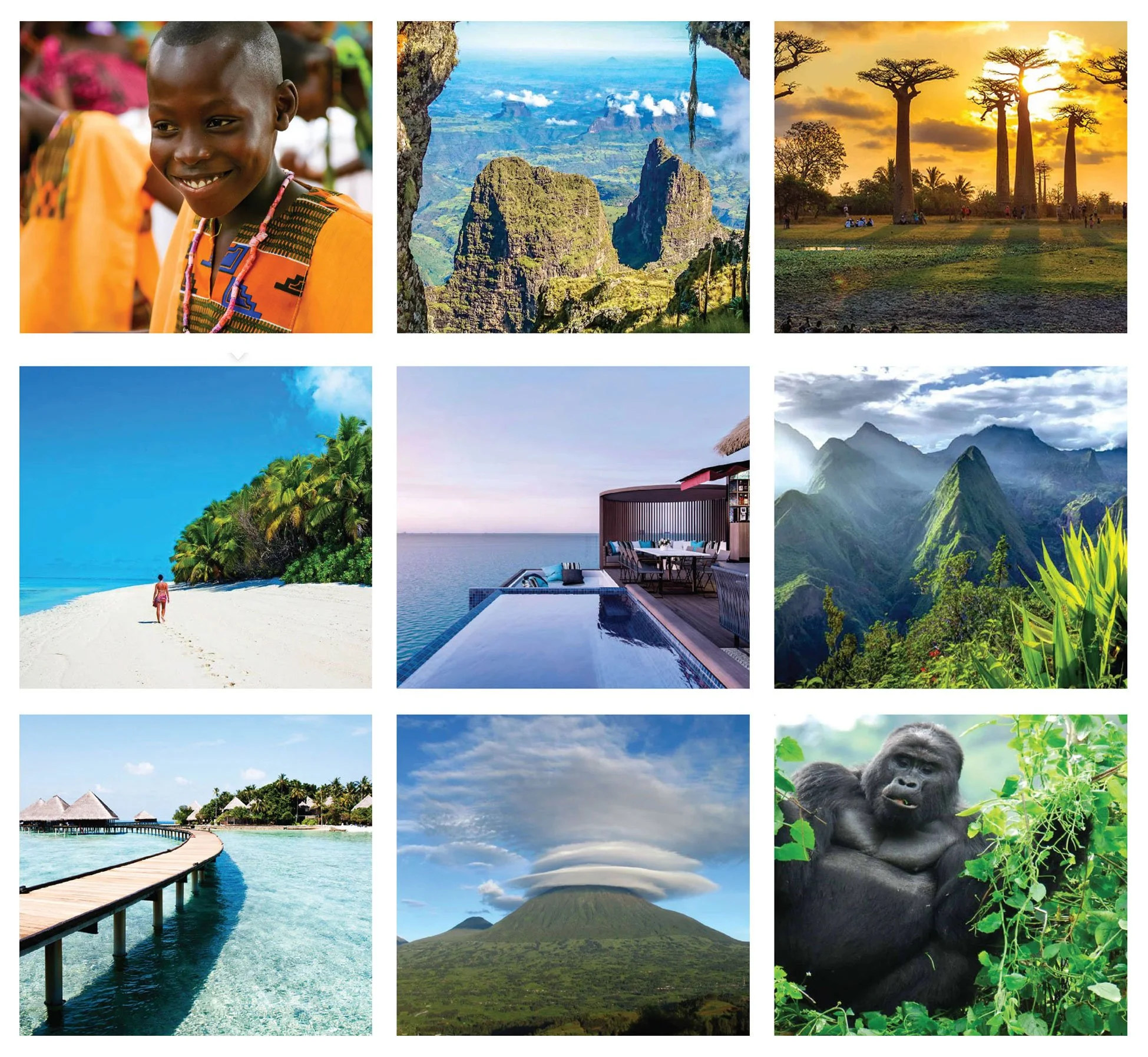 A collage of nine images depicting various landscapes and cultural scenes from Africa and the Indian Ocean, including a smiling young African boy, lush mountains, baobab trees at sunset, a tropical beach, a luxurious infinity pool overlooking the ocean, dense green mountains, overwater bungalows, a volcanic mountain with a mushroom-shaped cloud, and a young gorilla among green foliage.