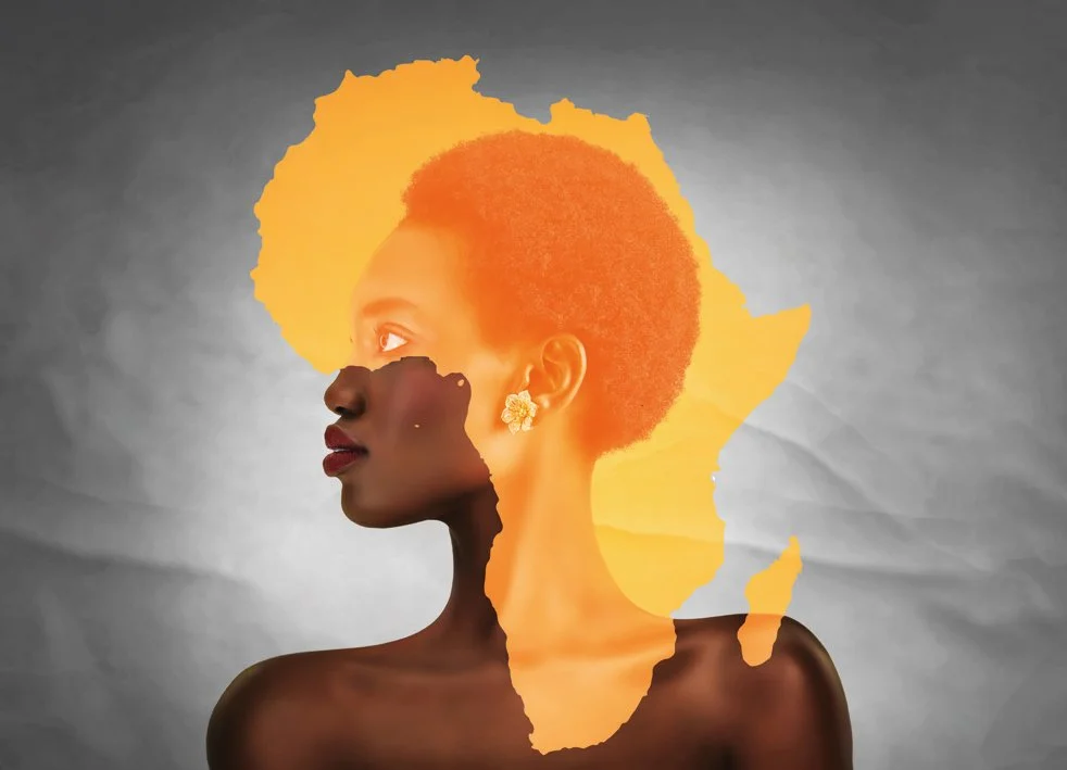 An artistic collage featuring a woman's profile with a double exposure of the map of Africa overlaying her face and head, emphasizing African heritage.