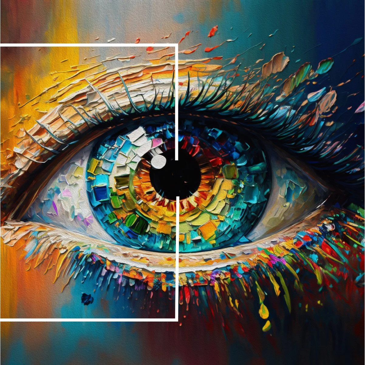 Visual image of eye full of colours, close up of eyeball and detail