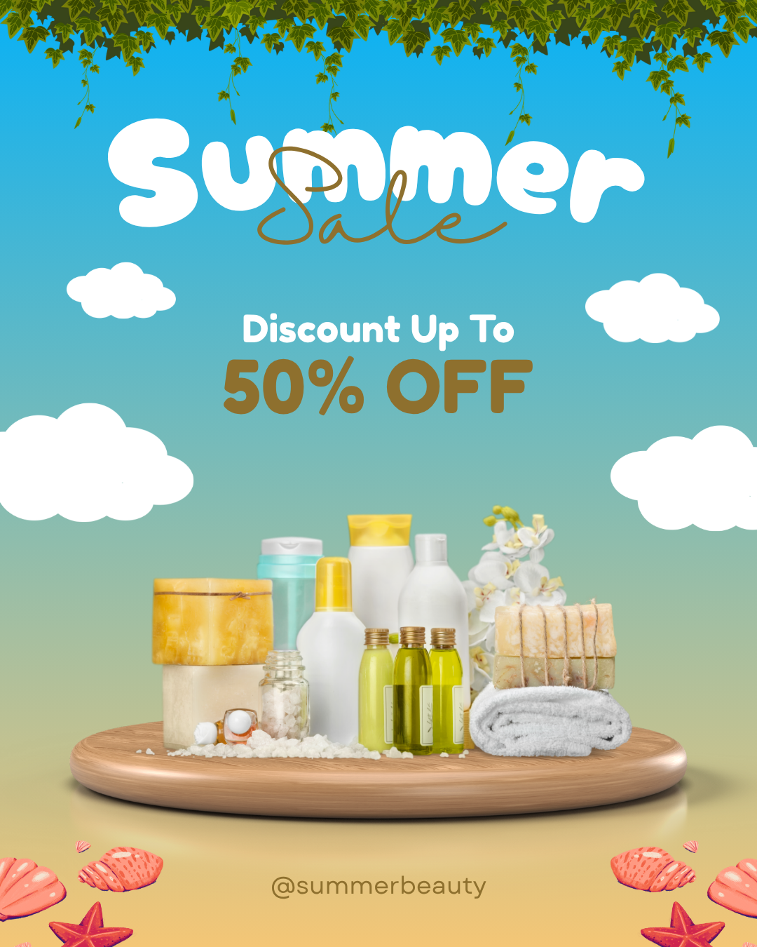 FACEBOOK POST
Summer sale advertisement featuring a wooden tray of skincare products and pool toys like shells and starfish, with a blue sky background and clouds, and green vines at the top.