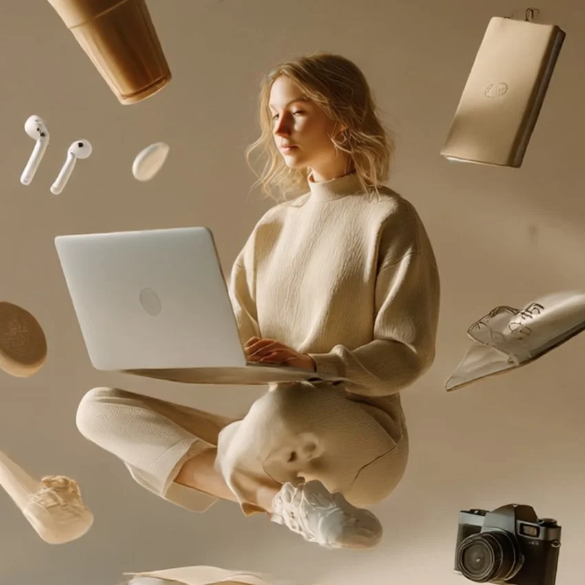 AI SHORT FORM VIDEO - Stylish girl sitting in a modern aesthetic room with shifted gravity