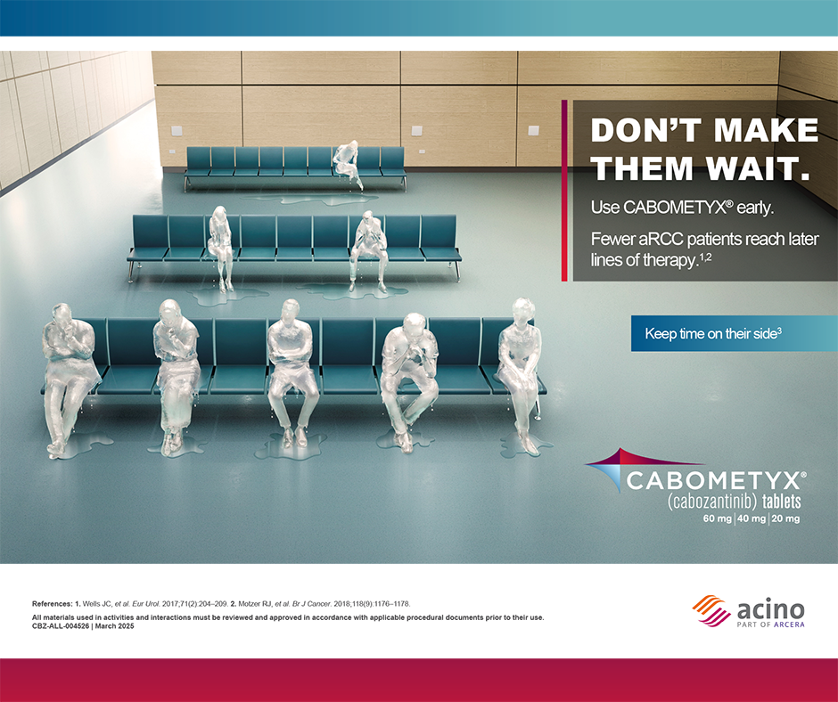 Waiting room with eight people sitting on blue chairs, some alone, some in pairs, all maintaining distance. The sign on the wall reads 'Don't Make Them Wait,' promoting early use of CABOMETYX for fewer treatment delays in an outpatient setting. 