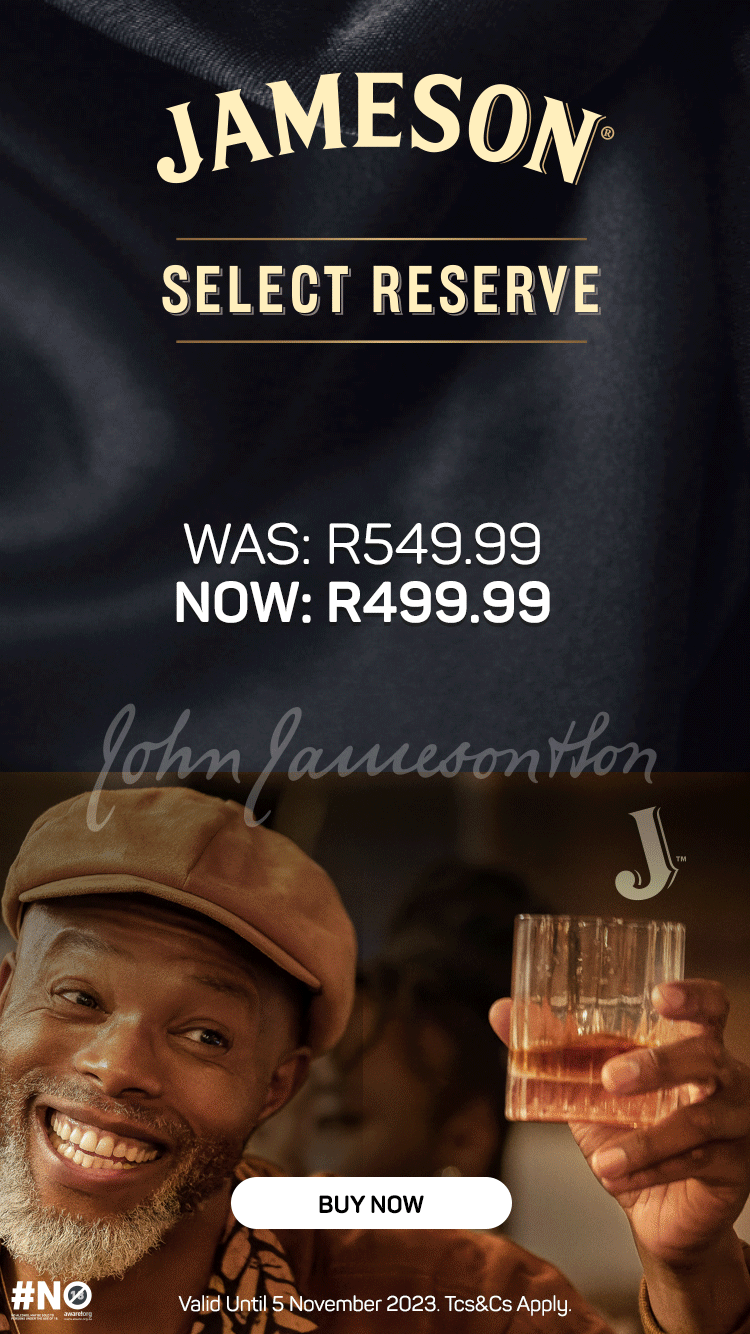 JAMESON AISYE CAMPAIGN
Advertisement for Jameson whiskey featuring a smiling man holding a glass of whiskey, with a dark background and text indicating a discount price of R499.99, down from R549.99, and a 'Buy Now' button.