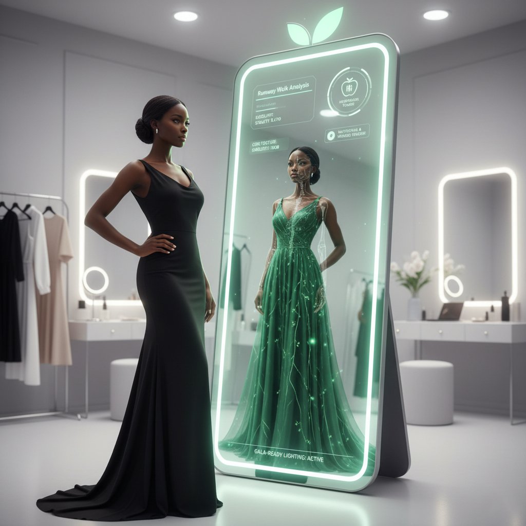 Product: 
“The ‘Apple of My Eye’ Digital Fashion Mirror”

This product is a smart mirror designed for fashion models and enthusiasts, leveraging the idea of an “apple” as something desirable, attention-grabbing, and even a little bit magical, combine