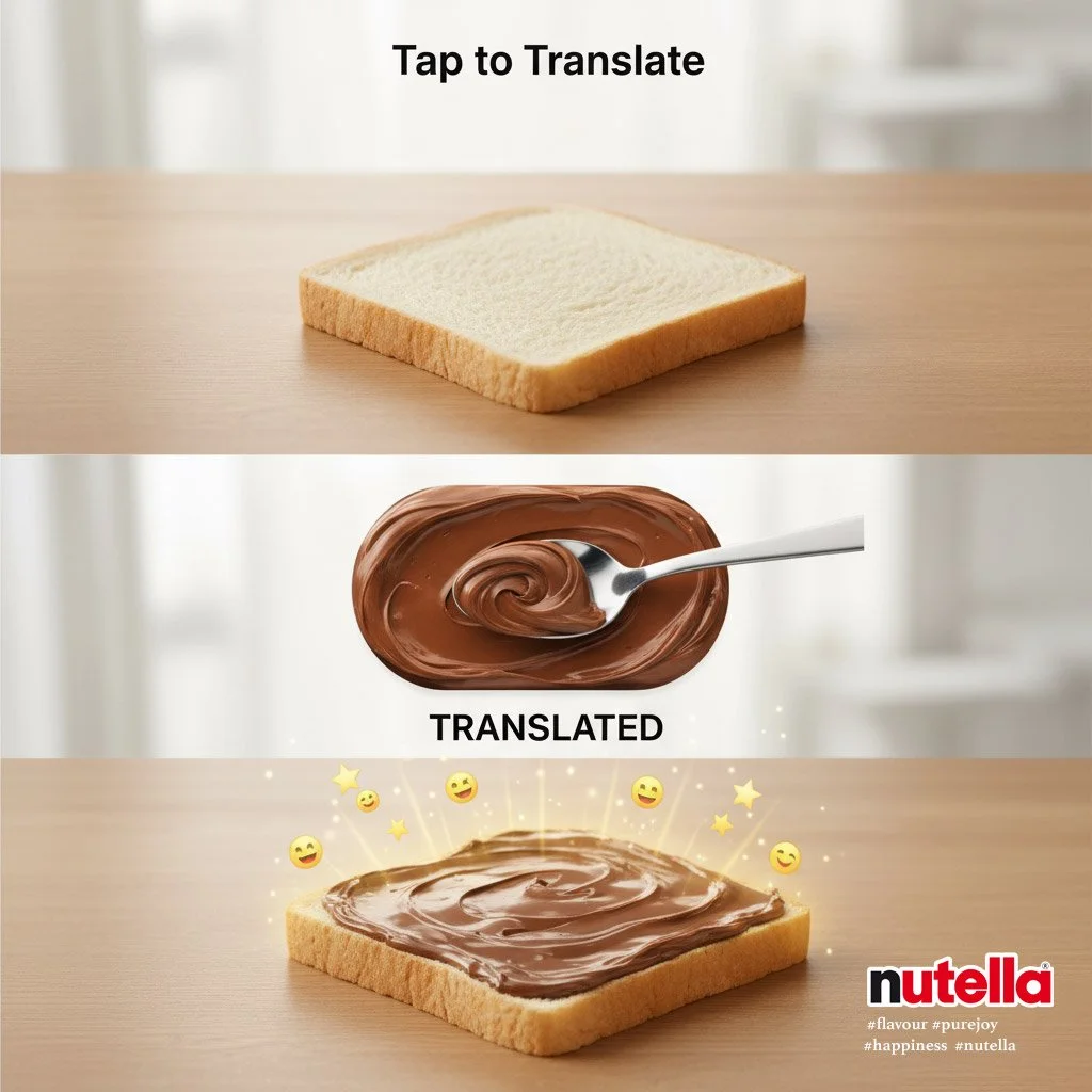SOCIAL MEDIA CAMPAIGN - NUTELLA
A slice of bread with Nutella chocolate spread on top, showing the transformation from plain bread to Nutella-covered toast.