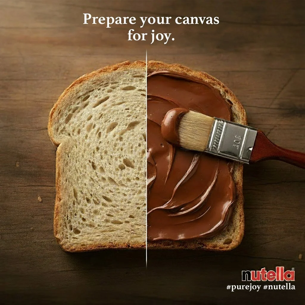 SOCIAL MEDIA CAMPAIGN - NUTELLA
Half a slice of bread with Nutella spread, with a paintbrush lying on top of the Nutella. The image has the text 'Prepare your canvas for joy' and the Nutella logo with hashtags #purejoy and #nutella.