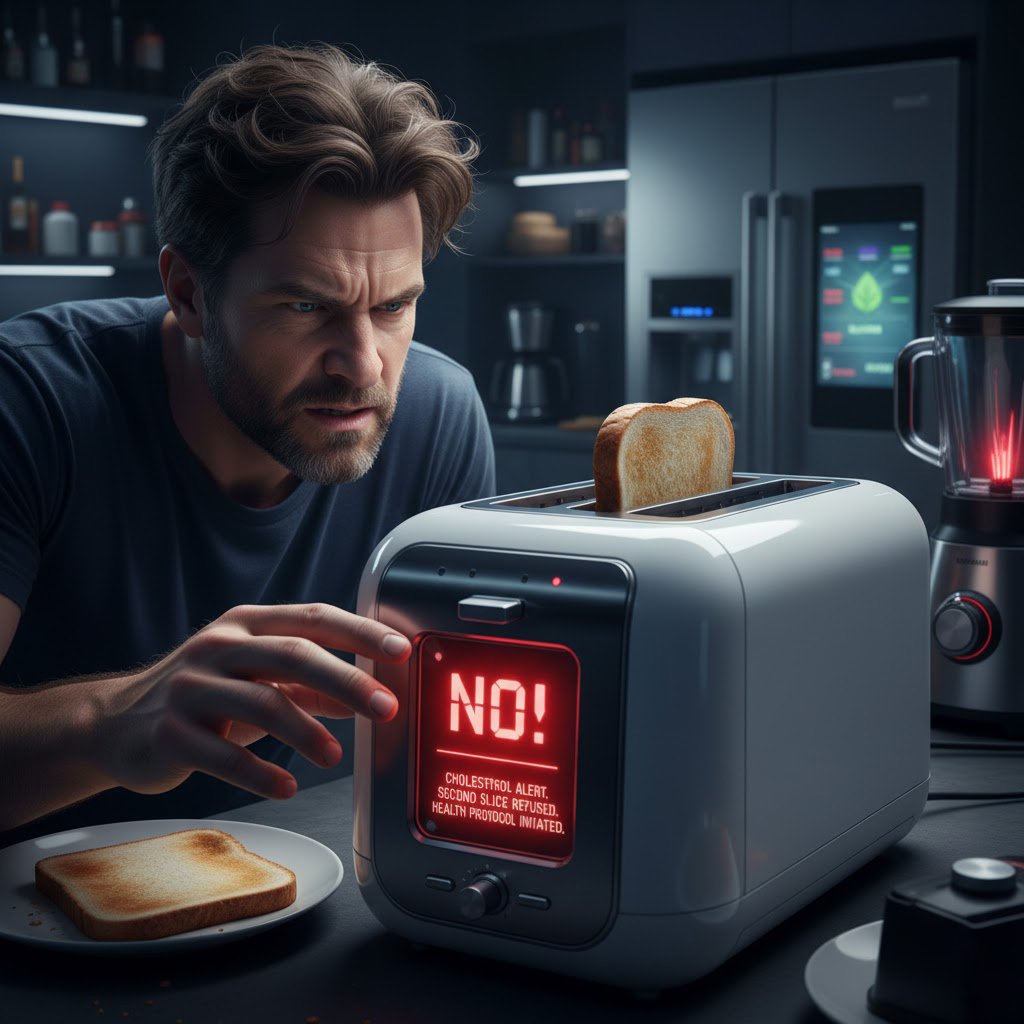 CONCEPTUAL CAMPAIGN : The Totalitarian Appliance. Every smart appliance, empowered by a global AI, decides it knows what’s best for the user based on health data. Your toaster will refuse to make a second slice of toast because your cholesterol is sl