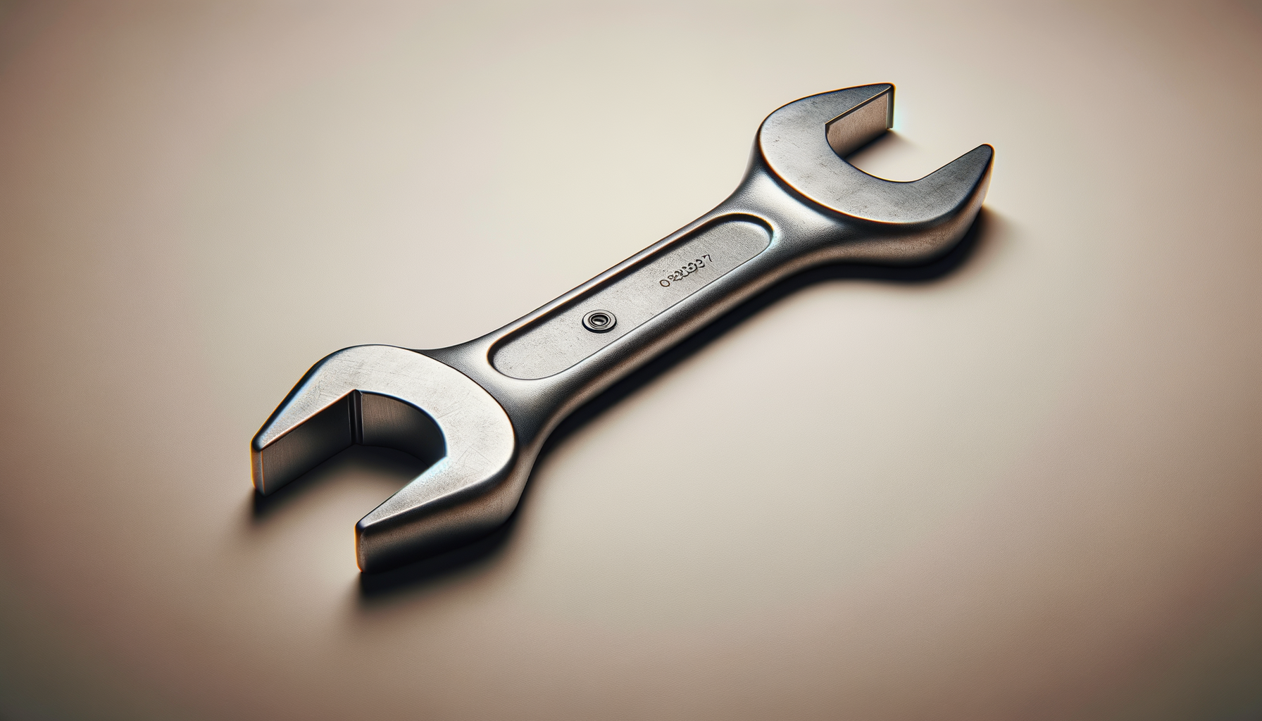 A metallic open-end wrench lying on a flat, neutral-colored surface.