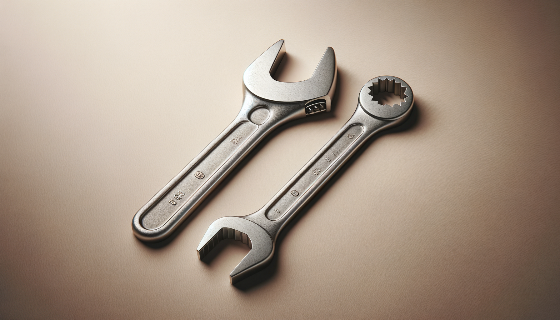 Two metallic wrenches, one with an open end and the other with a closed, circular, gear-shaped end, lying on a beige surface.