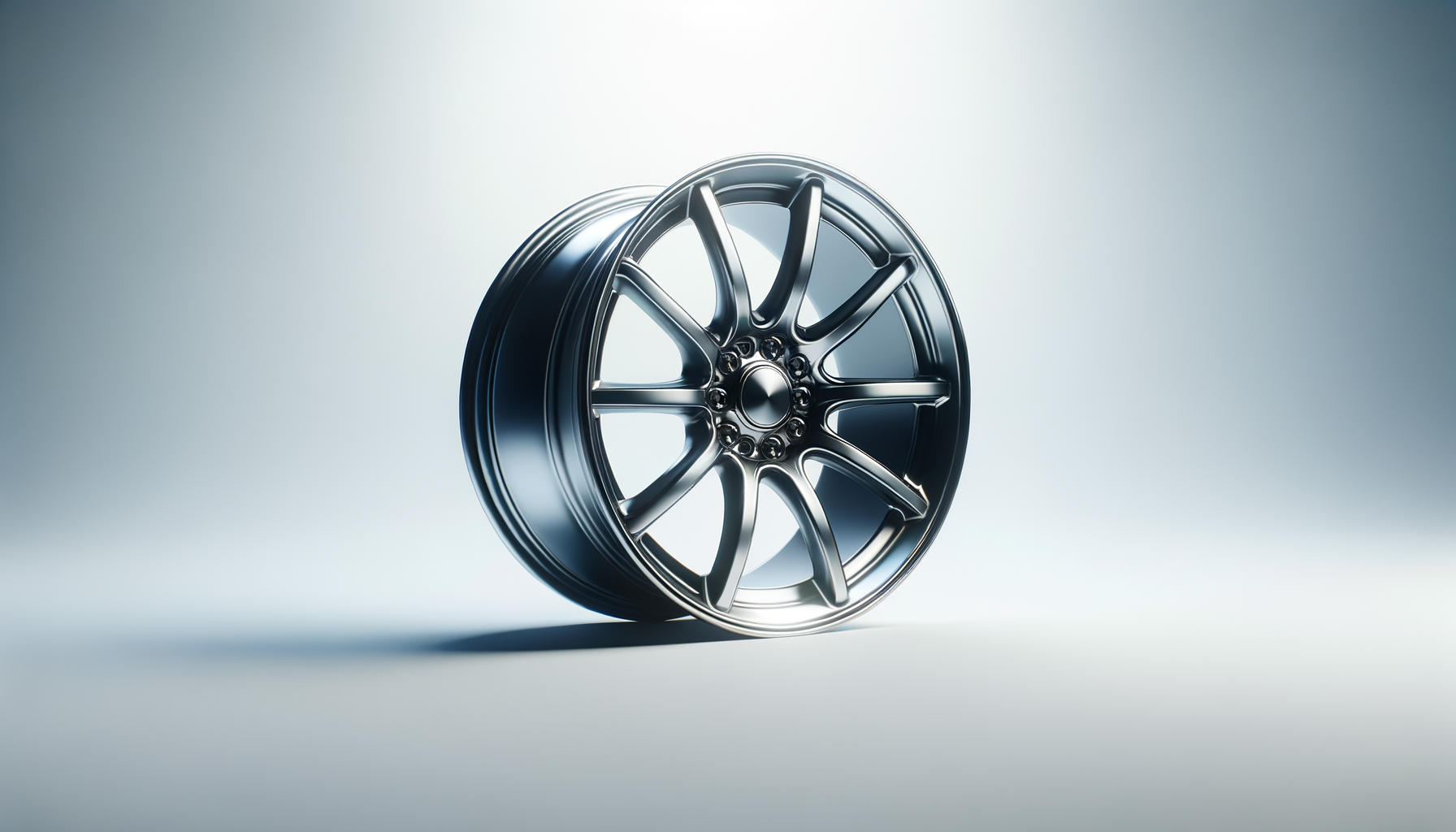 A shiny, metallic car wheel rim with a multi-spoke design, positioned against a gradient background.