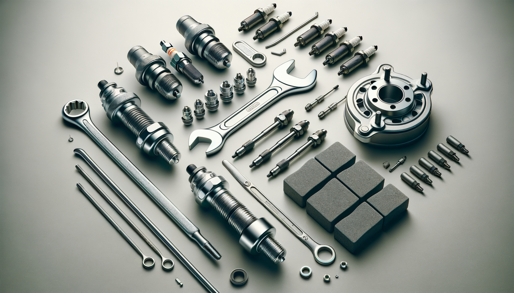 Various motorcycle engine parts and tools arranged on a neutral gray surface, including spark plugs, wrenches, foams, and other mechanical components.