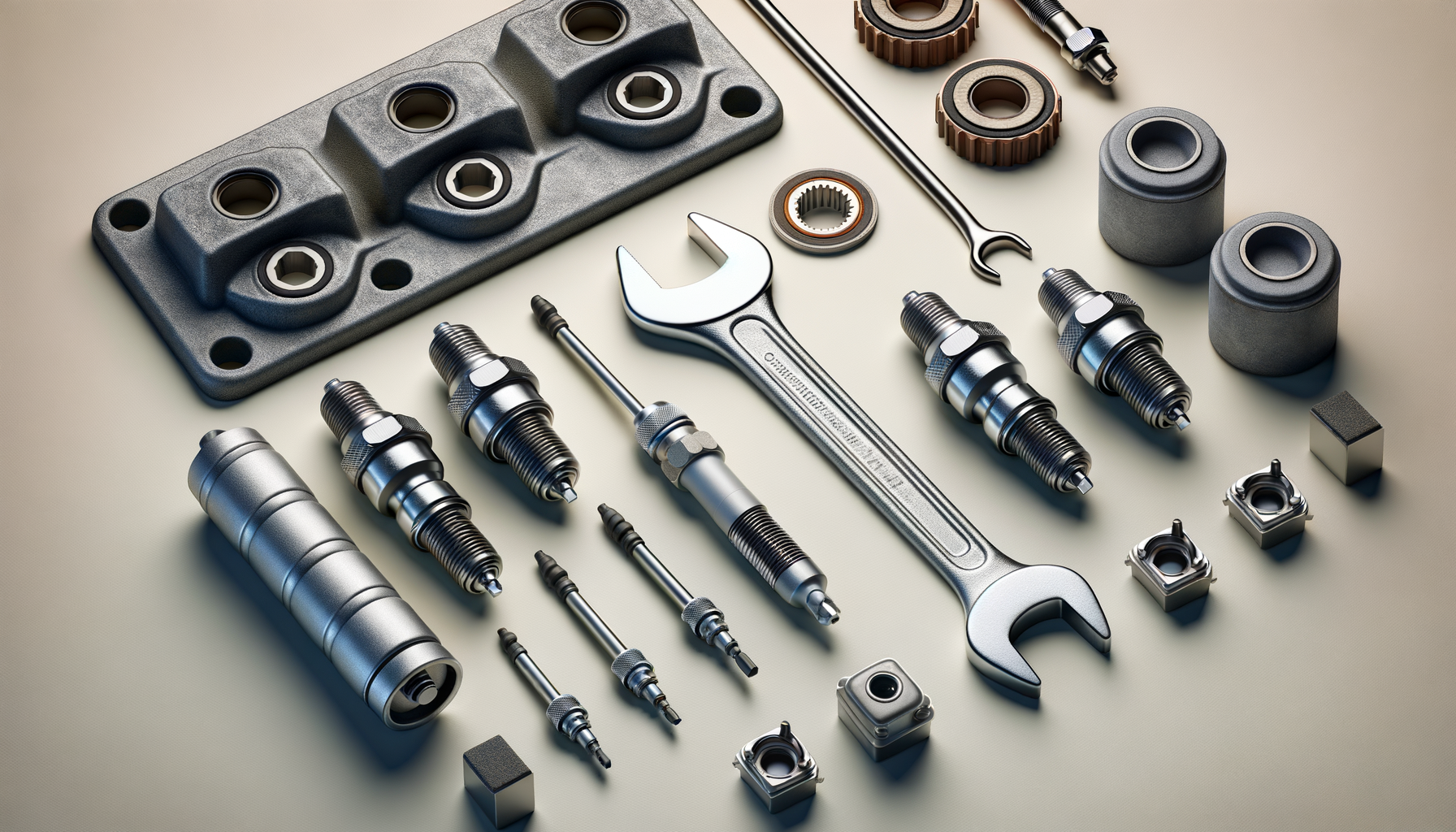 Various mechanical tools and parts arranged on a flat surface, including a wrench, screwdrivers, spark plugs, bearings, cylinders, and metal blocks.