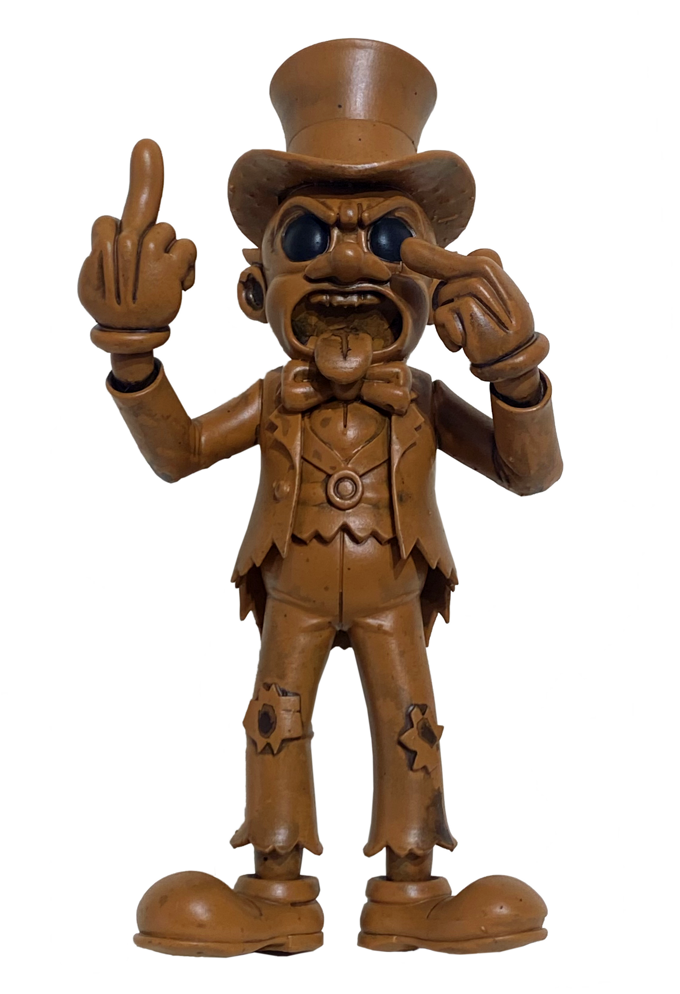 Brown wooden statue of a man with exaggerated features, wearing a top hat, bow tie, and torn clothes. He is making an obscene gesture with his middle finger raised and has his glasses pushed up with his finger, sticking out his tongue.