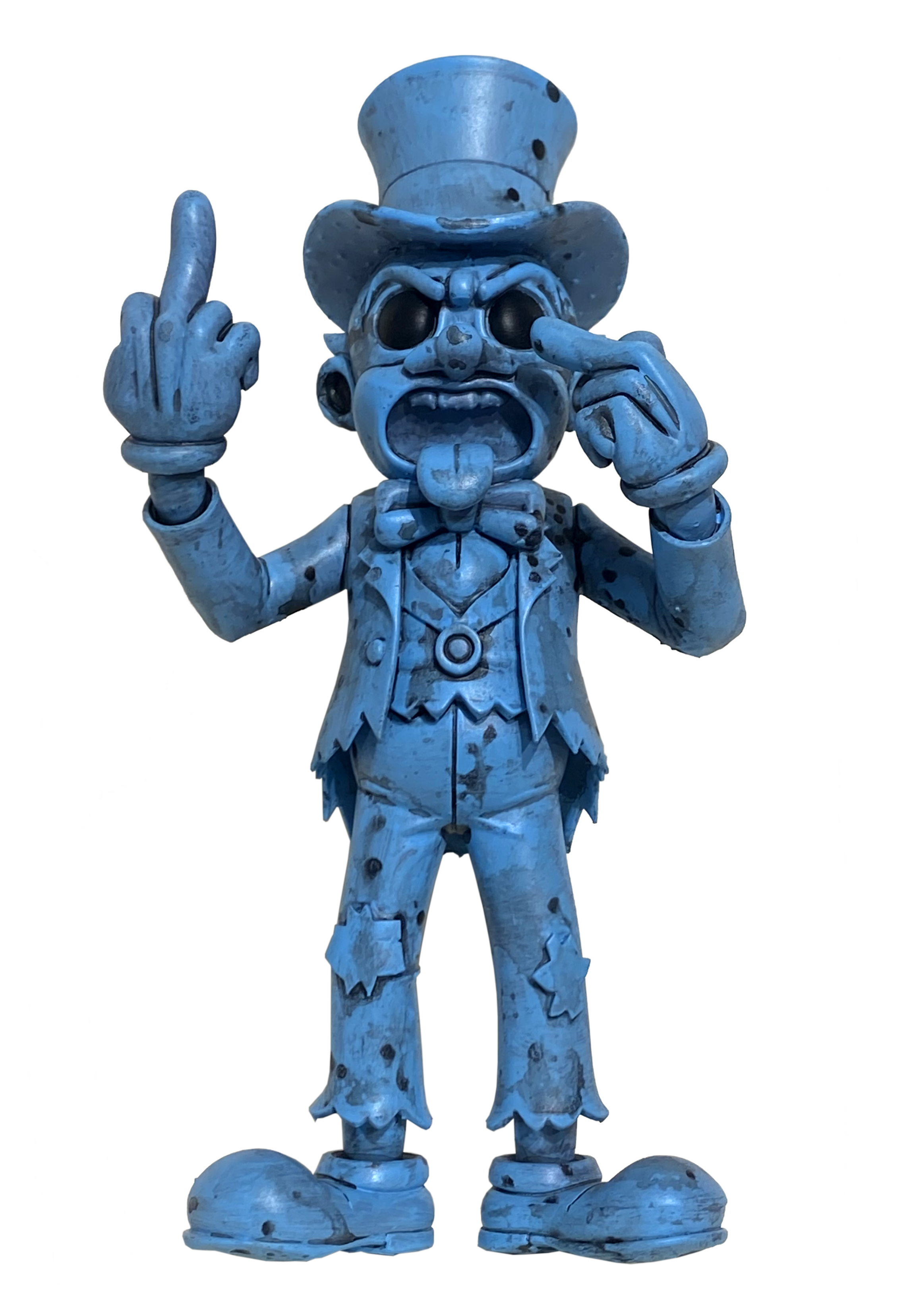 A blue sculpture of a clown wearing a top hat, with exaggerated features, one eye closed and tongue sticking out, giving the middle finger with one hand and pointing to his eye with the other.