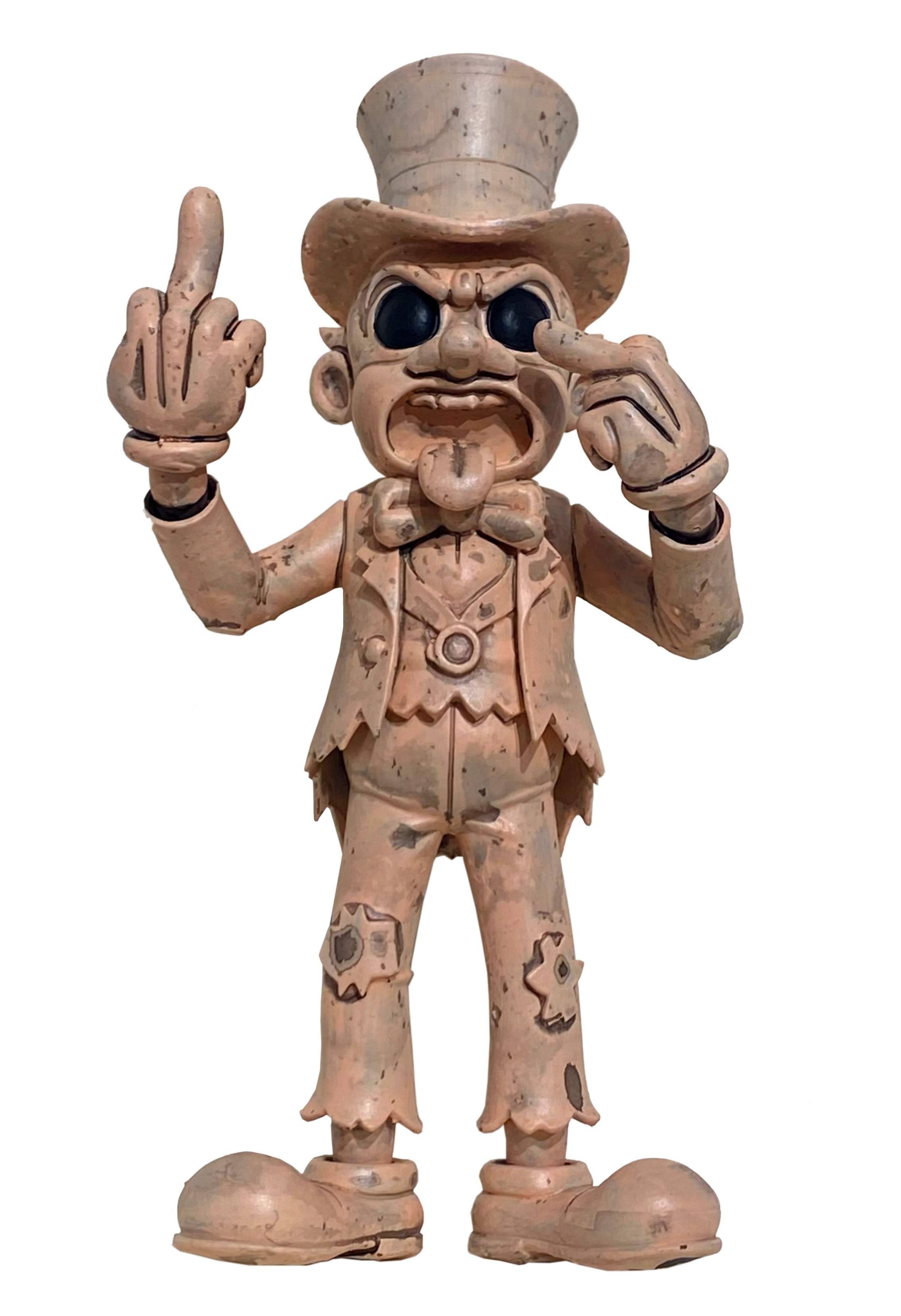 Clay sculpture of a cartoonish man with a top hat, sunglasses, and a bow tie, making a rude gesture with his middle finger, and pointing to his head with the other hand.