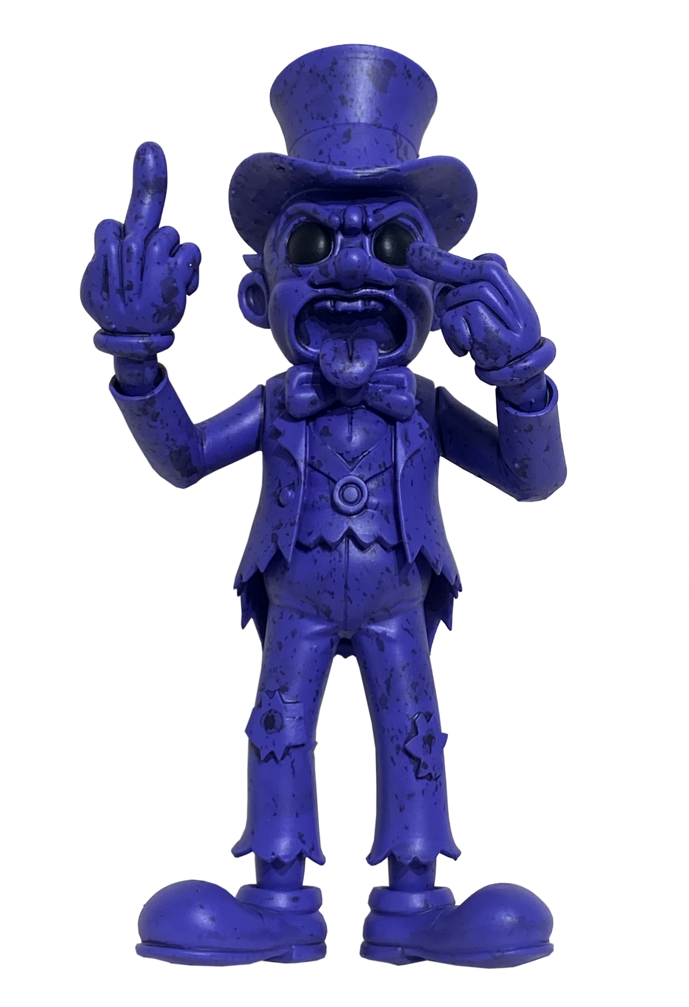 Colorful statue of a clown with a purple body, wearing a tall hat, bow tie, and torn pants, making an obscene gesture with its middle finger, standing on a black background.