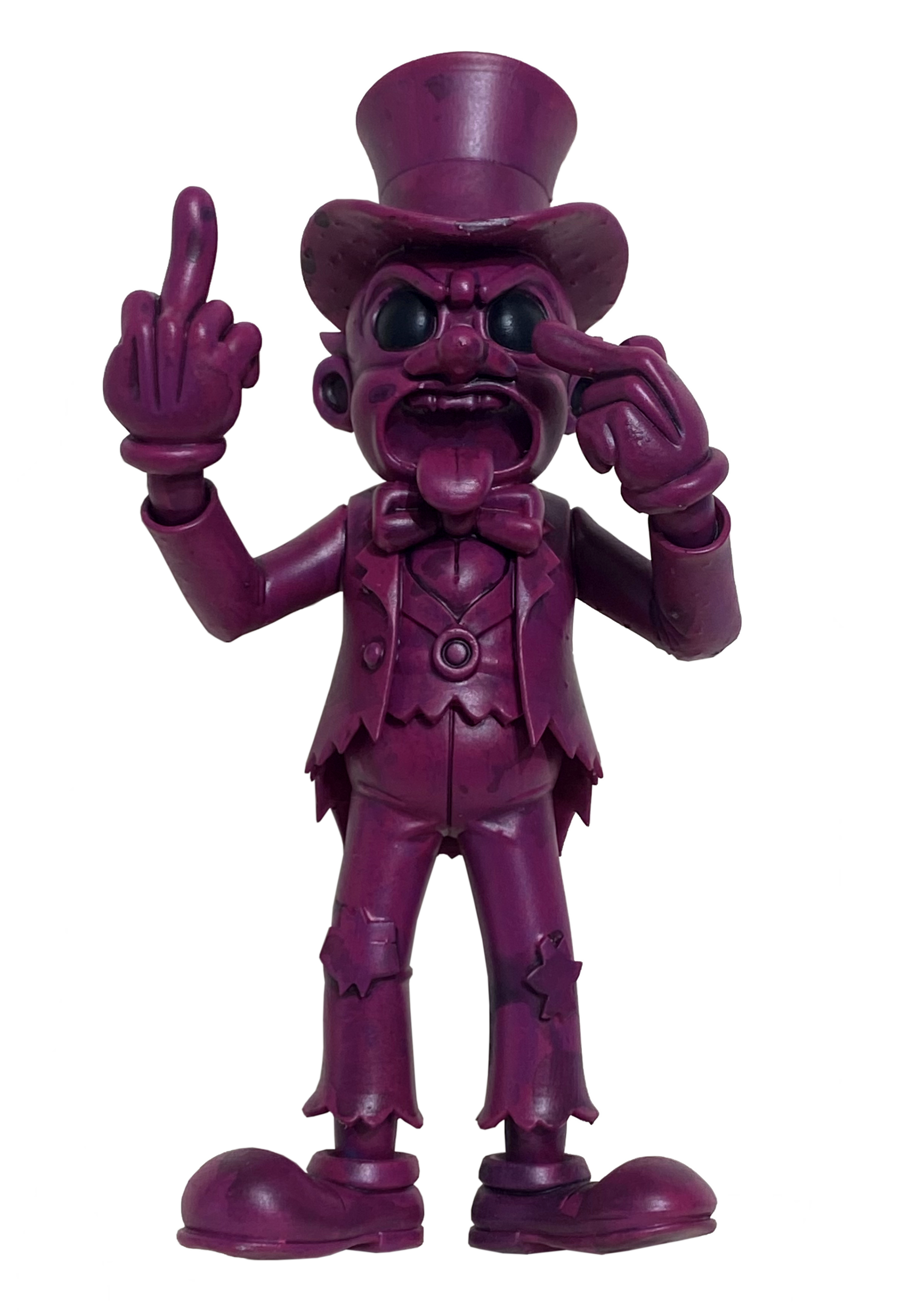 A purple figurine of a cartoonish, angry man with exaggerated features. He wears a top hat and tuxedo, has black eyes, an open mouth with a tongue sticking out, and is making a rude gesture by raising his middle finger.