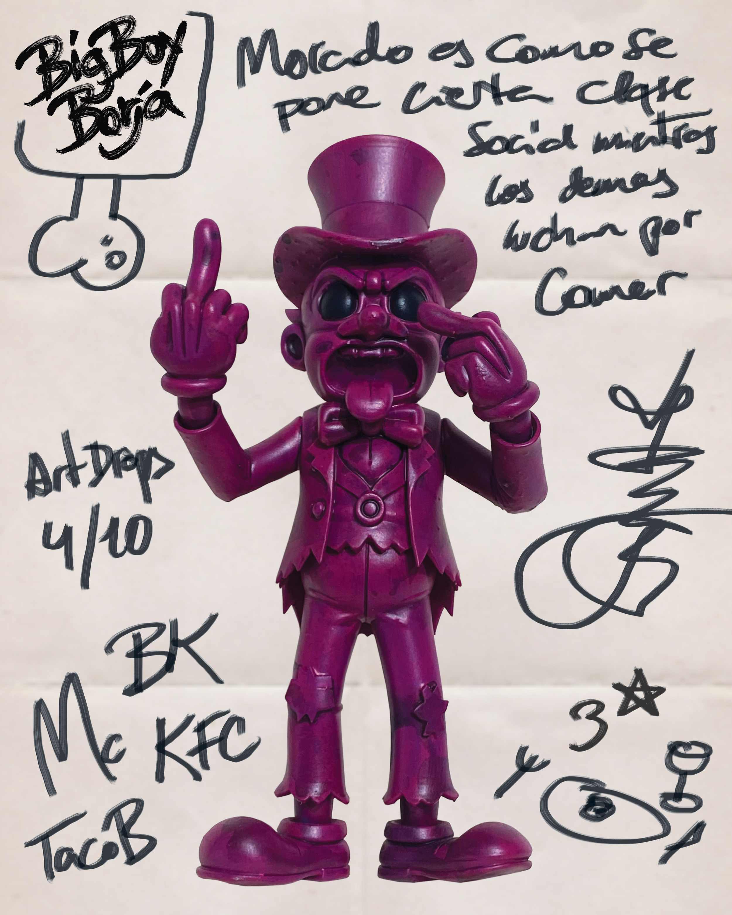 A purple mini figurine of a clown dressed in a tuxedo with a bow tie, wearing a top hat, and making a rude gesture with both hands. The image has handwritten notes beside and behind the figurine, including phrases in Spanish and some sketches.