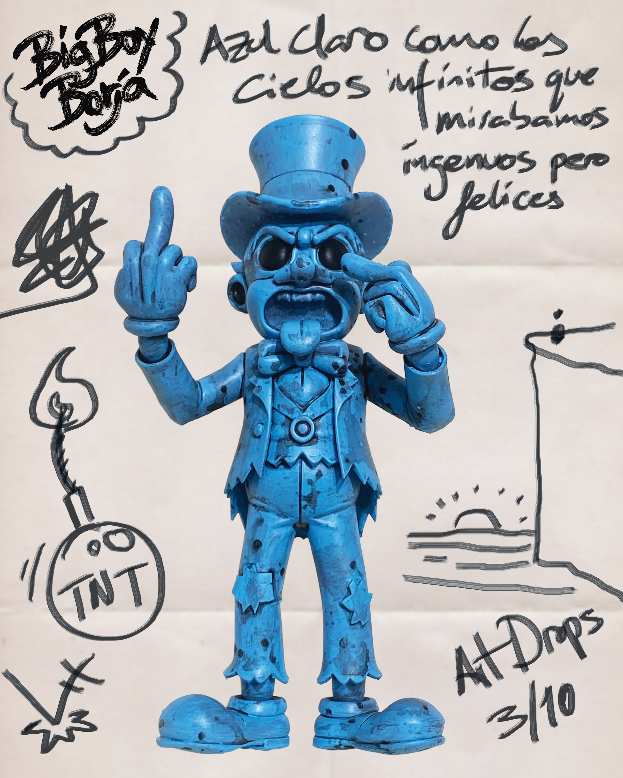 A blue, cartoonish, skeleton-style figurine wearing a tall top hat, with an exaggerated open mouth, sticking out tongue, and middle fingers raised. Surrounding doodles include a burning TNT bag, a rising sun, and a simplified landscape with hills. Ha