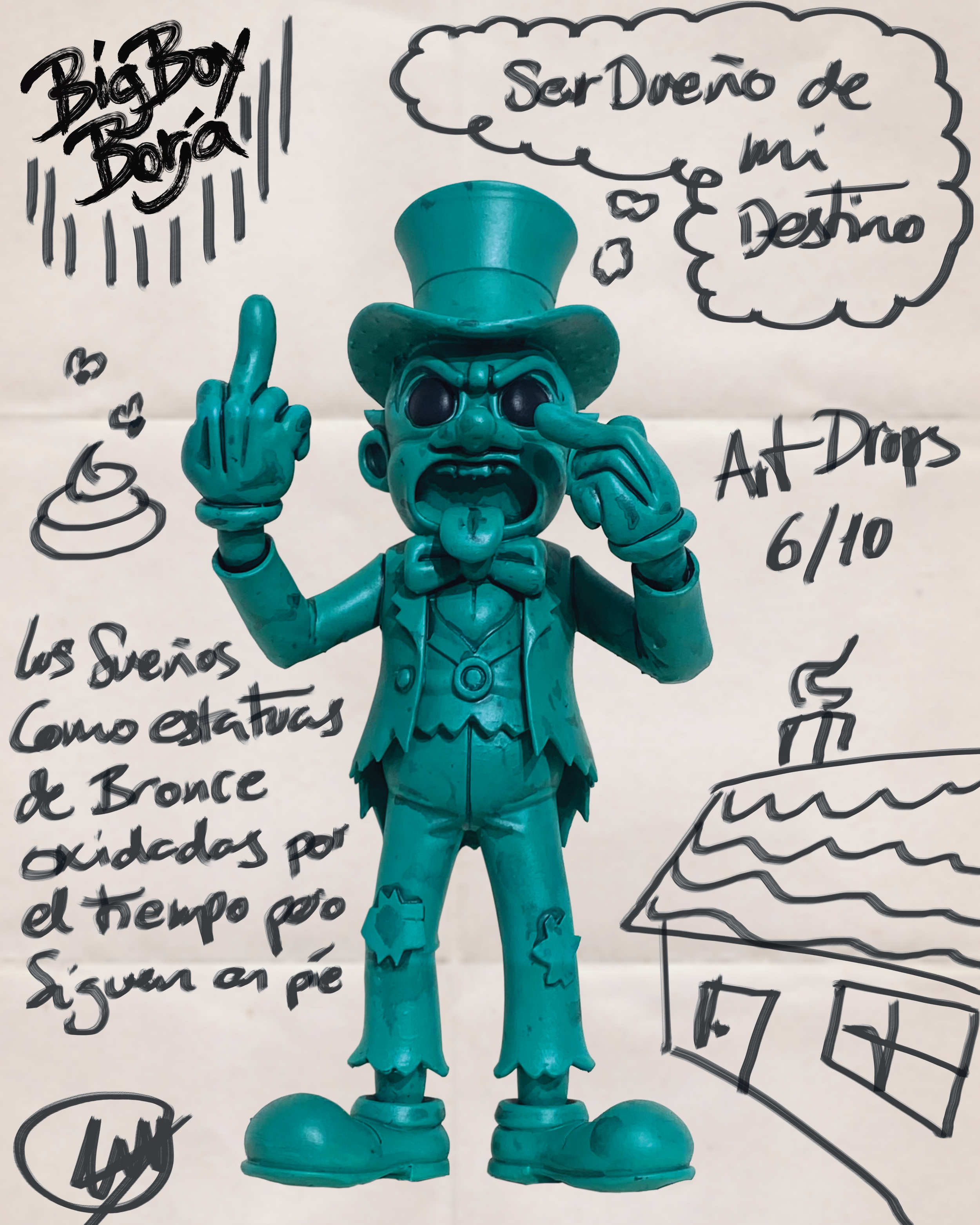 A teal colored figurine of a clown with exaggerated facial features, wearing a top hat, bow tie, and patched pants. The clown is making a rude gesture with its middle finger raised and is touching its temple with its other hand. Handwritten notes and