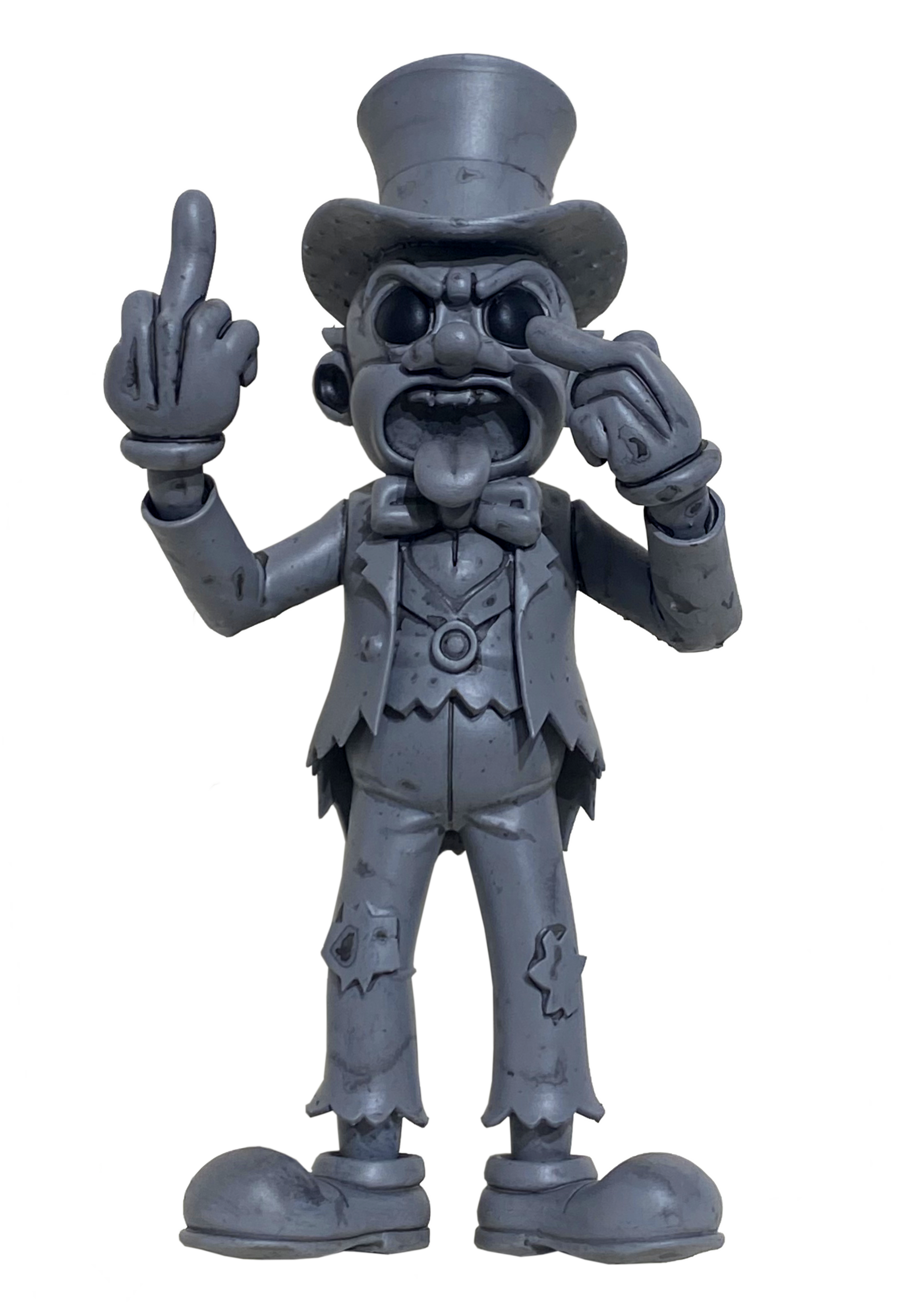 Gray statue of a cartoonish, mischievous man with exaggerated facial features, wearing a top hat, bow tie, and torn clothes. The man is making an obscene gesture with his middle finger while holding a finger to his temple and sticking out his tongue.
