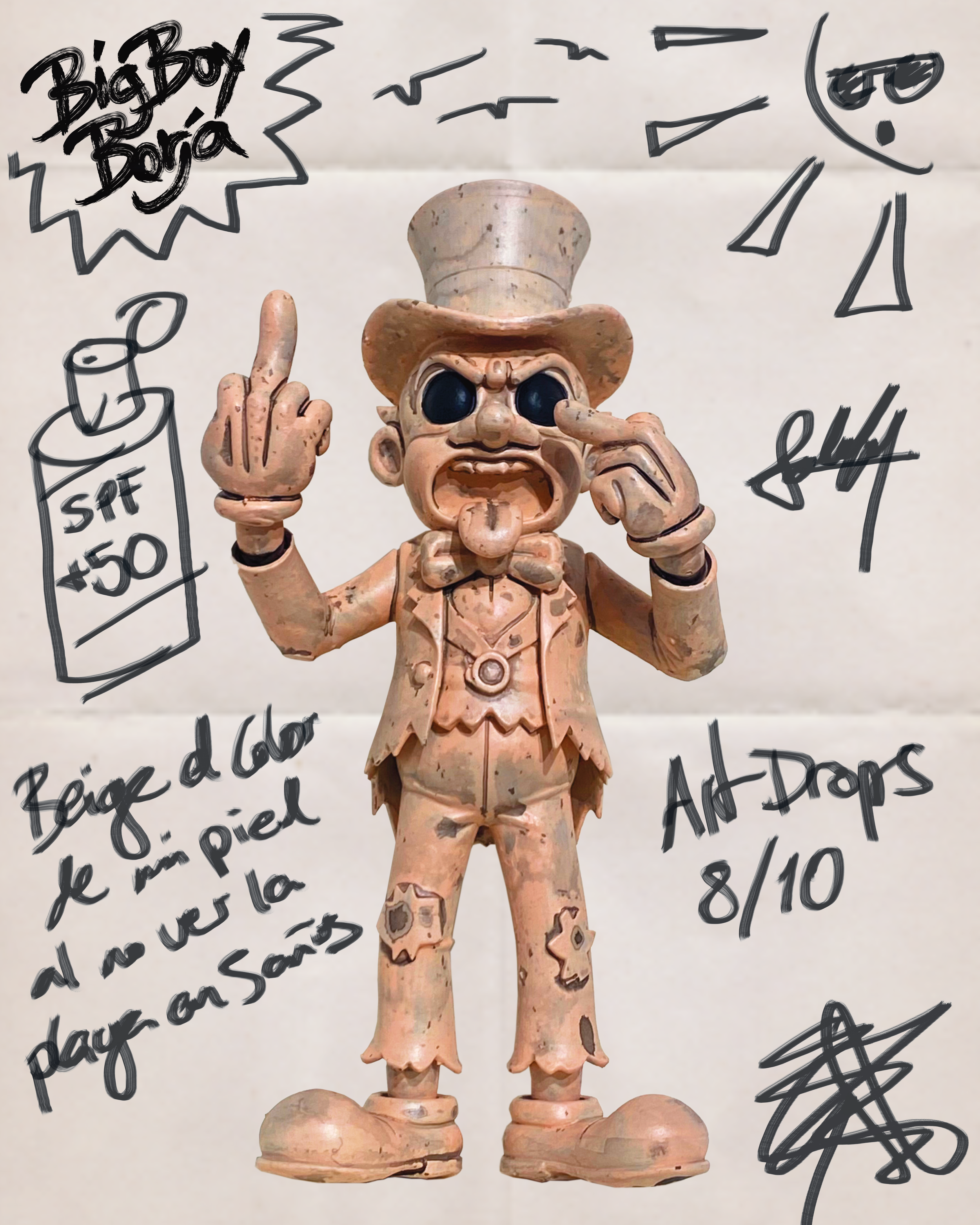 A vintage-style figurine of a man in a suit, top hat, and bowtie, with sunglasses and a tongue sticking out, making a rude gesture with middle finger raised, surrounded by graffiti-style drawings and Spanish text.