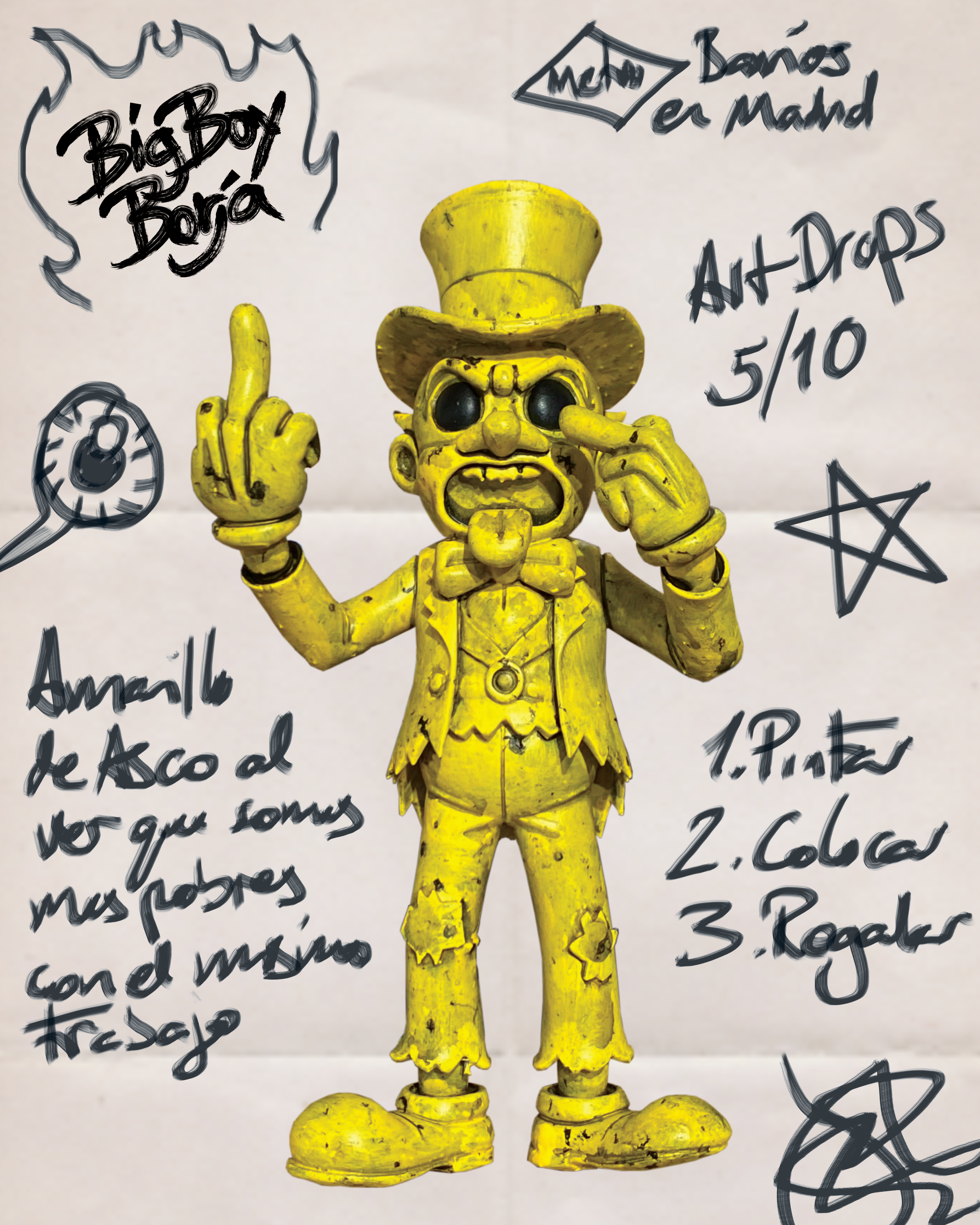 Yellow toy figure of a clown with a tall top hat, wearing a bow tie and pre-ruined clothing, making a rude gesture with one hand, and touching his temple with the other. Handwritten notes around the figure include 'Big Boy Baja,' 'Art Drops 5/10,' an