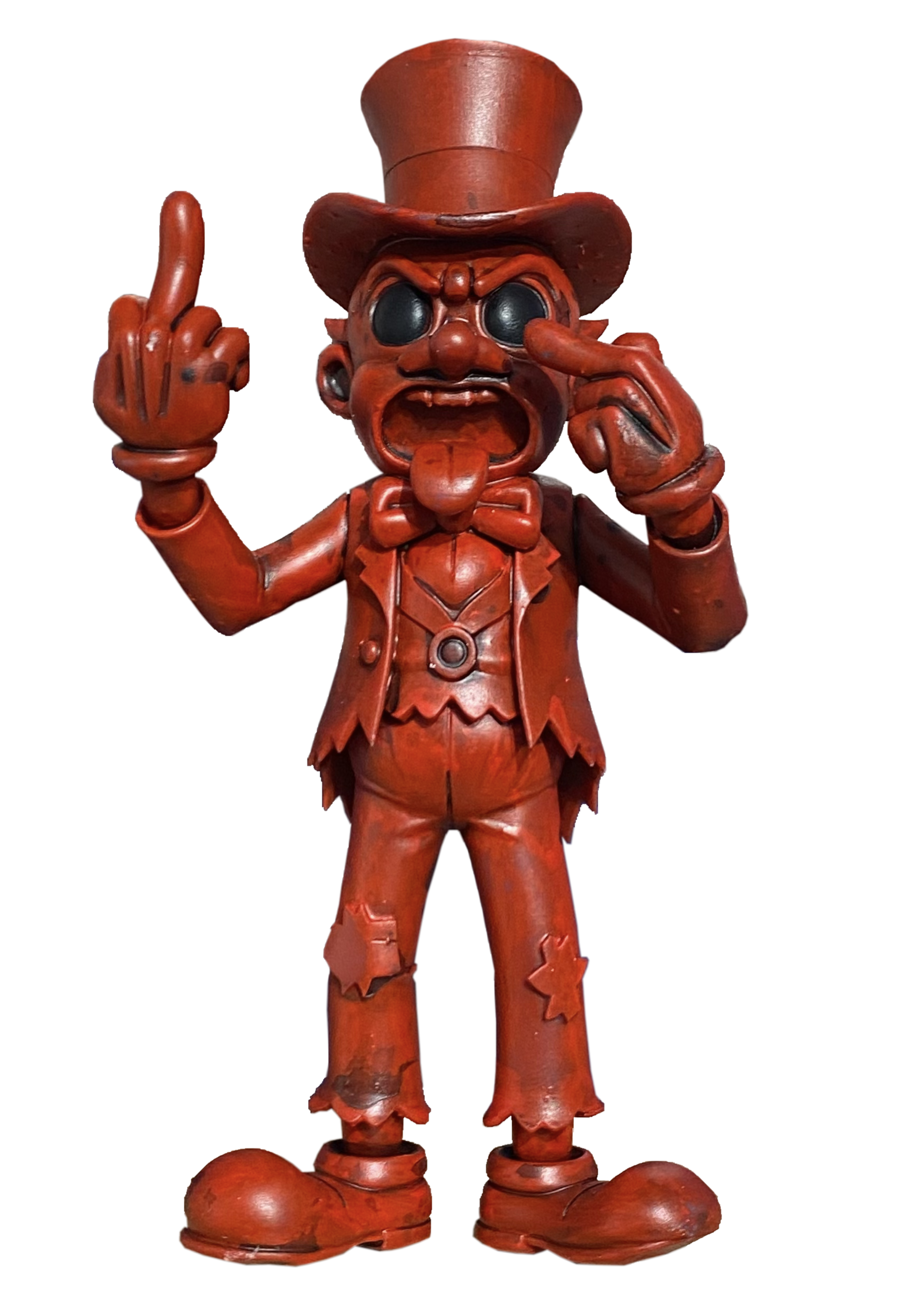 A red sculpture of a cartoonish character with exaggerated facial features, wearing a top hat, bow tie, and torn pants, making obscene gestures with both hands.