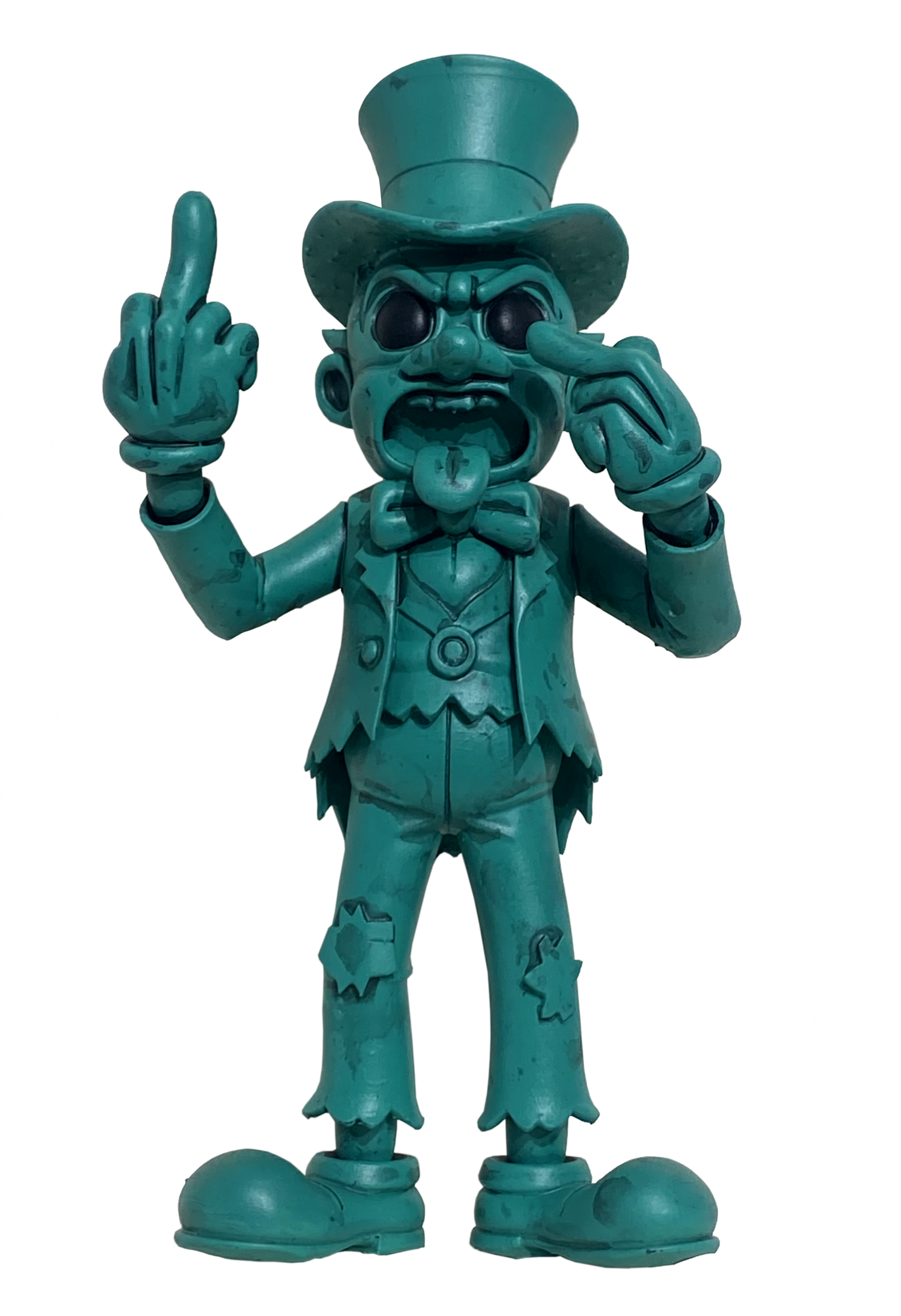 Teal-colored cartoon clown figurine with a tall hat, exaggerated facial features, and ragged clothing, making a rude gesture with the middle finger and touching its nose.