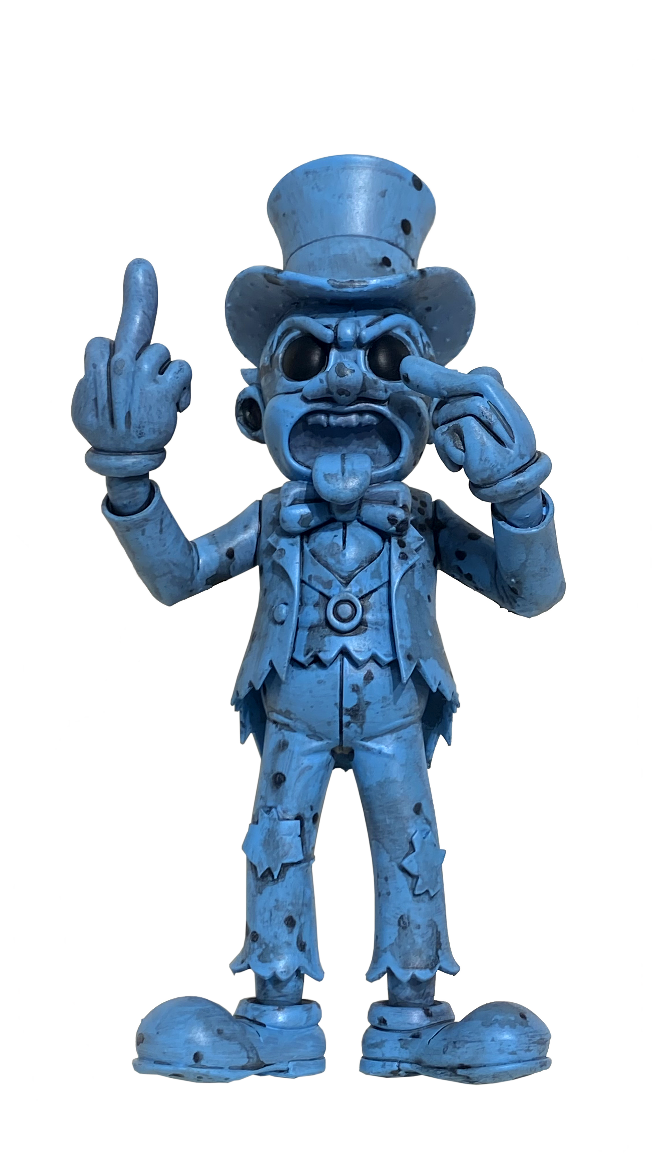 A blue cartoonish skeleton figure wearing a top hat, bowtie, and tattered clothes, with a playful expression and one hand pointing with the middle finger.