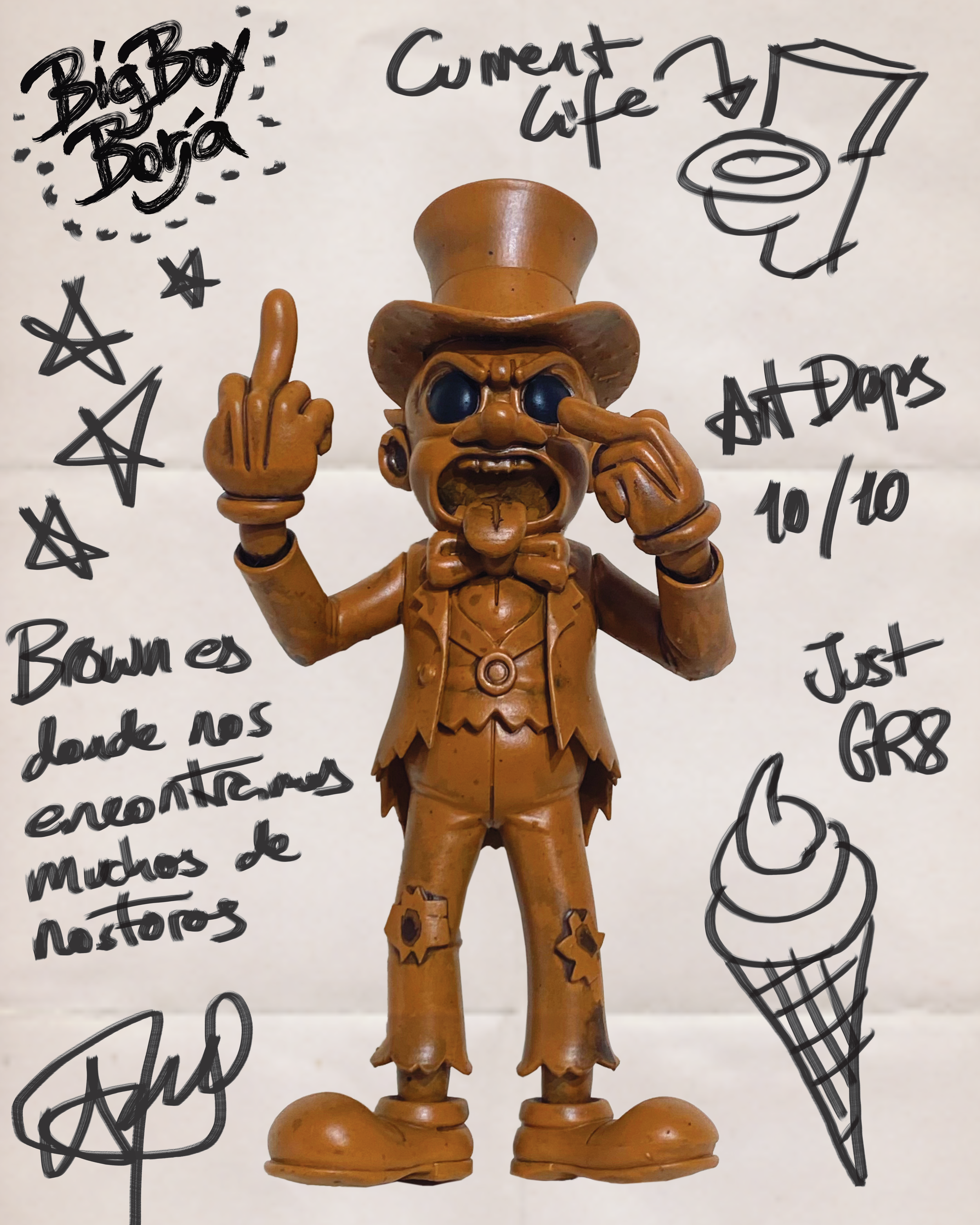 Brown plastic figure of a cartoonish character with a top hat, bowtie, and exaggerated facial features, surrounded by doodles and handwritten notes in black marker.