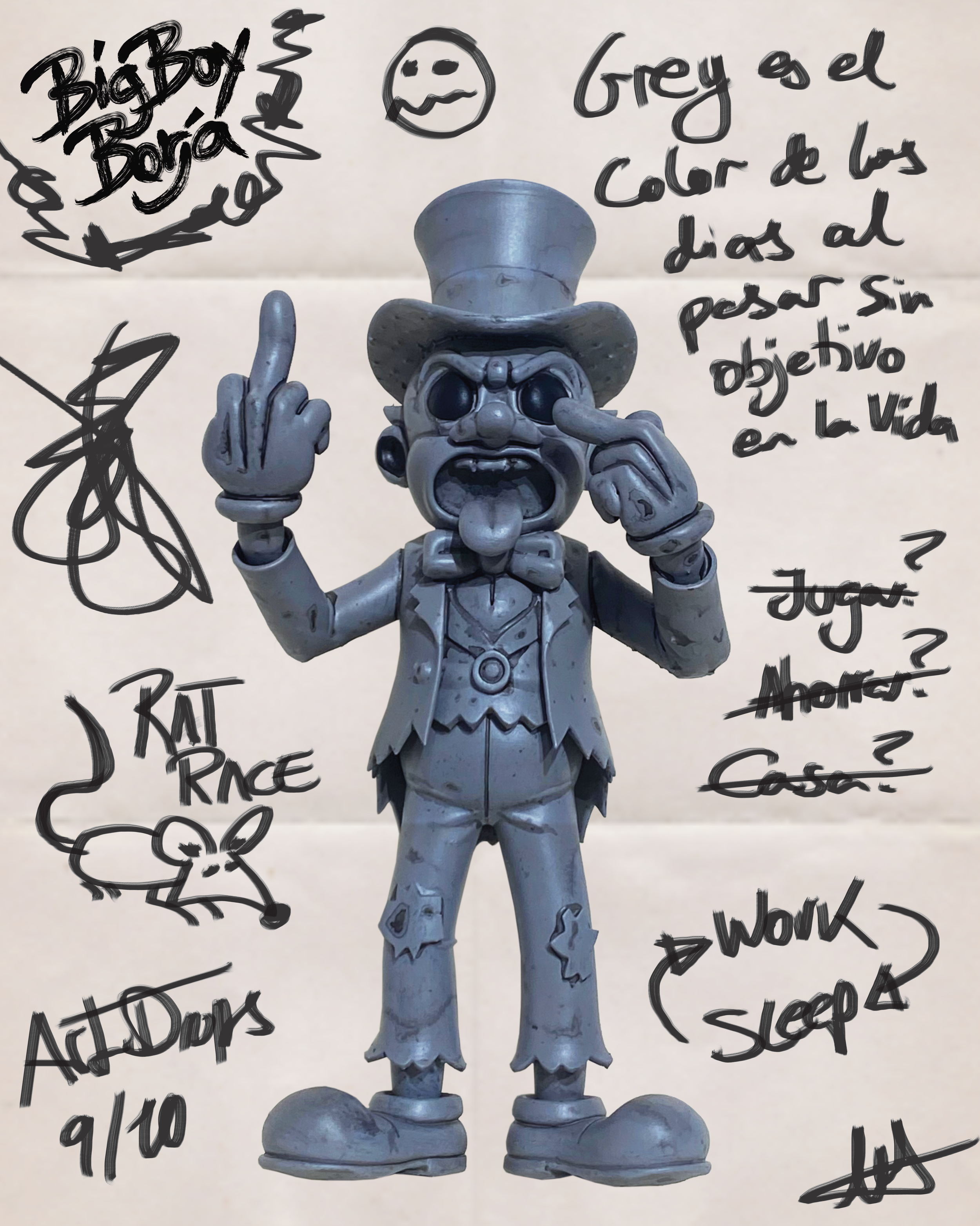 A grayscale figurine of a cartoon character with a tall top hat, large nose, and exaggerated facial features, sticking out tongue, and making rude gestures with both hands. Surrounding handwritten notes in Spanish describe the color gray as a symbol 