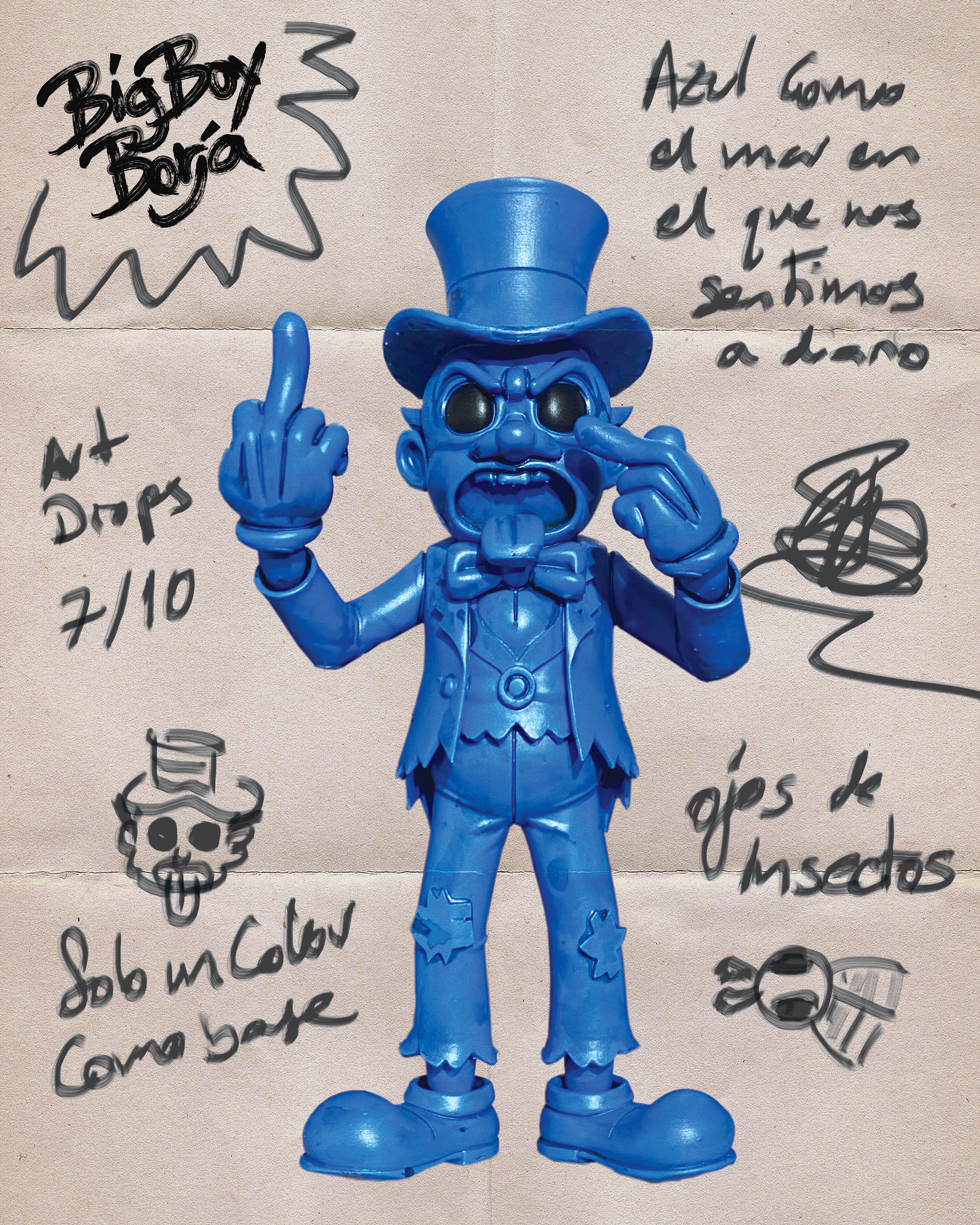 A blue collectible figure of a cartoon character wearing a top hat, bow tie, and torn pants, raising middle fingers on both hands, with handwritten notes and doodles around it.
