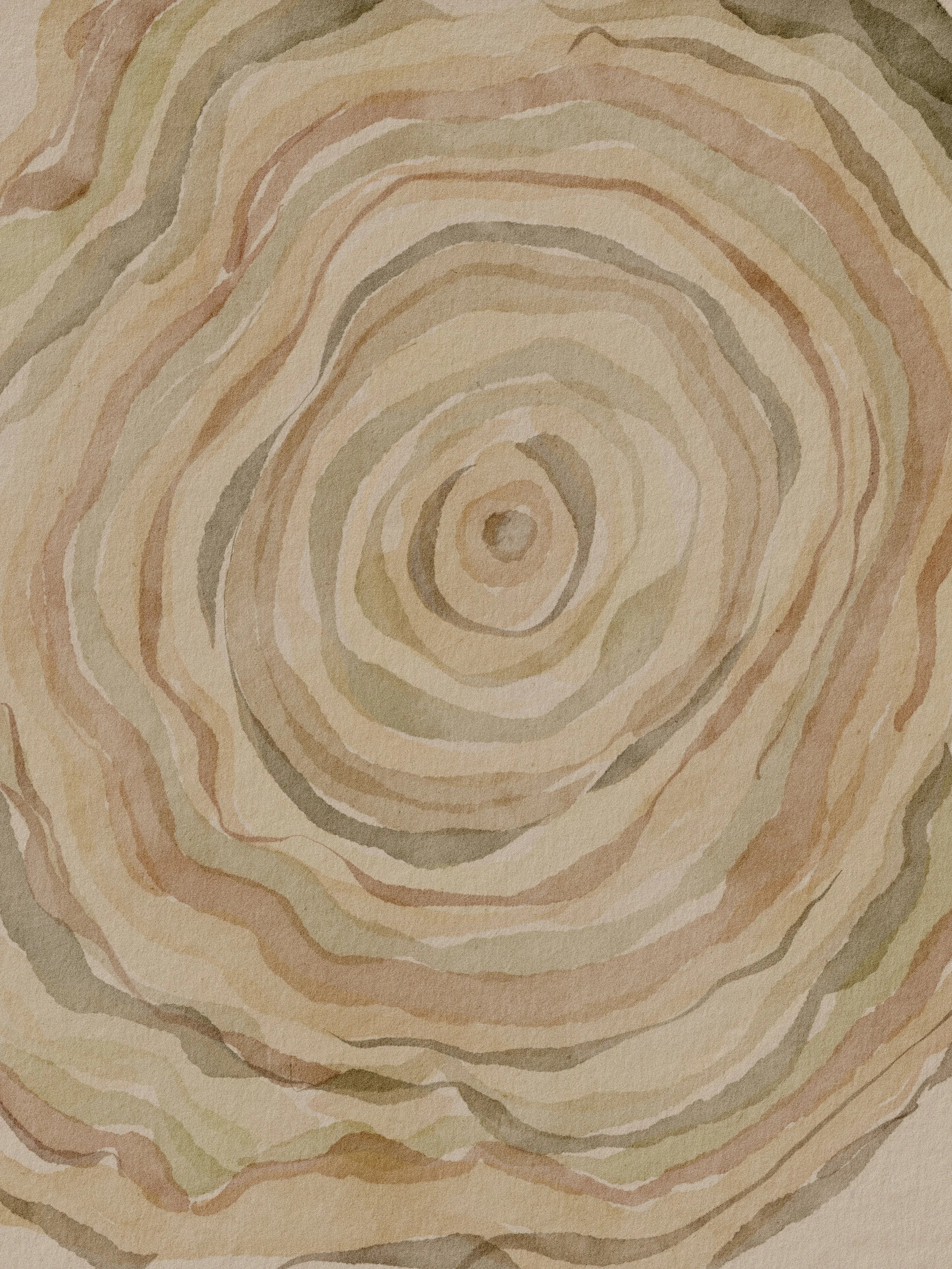 Close-up of a layered, circular pattern resembling tree rings or a watercolor painting of a wood cross-section in beige, brown, and pastel tones.