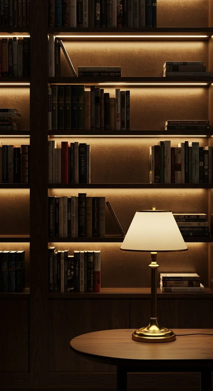 Une bibliothèque en bois avec des étagères remplies de livres, éclairée par un éclairage d'ambiance chaud, avec une lampe de bureau sur une table de bois.