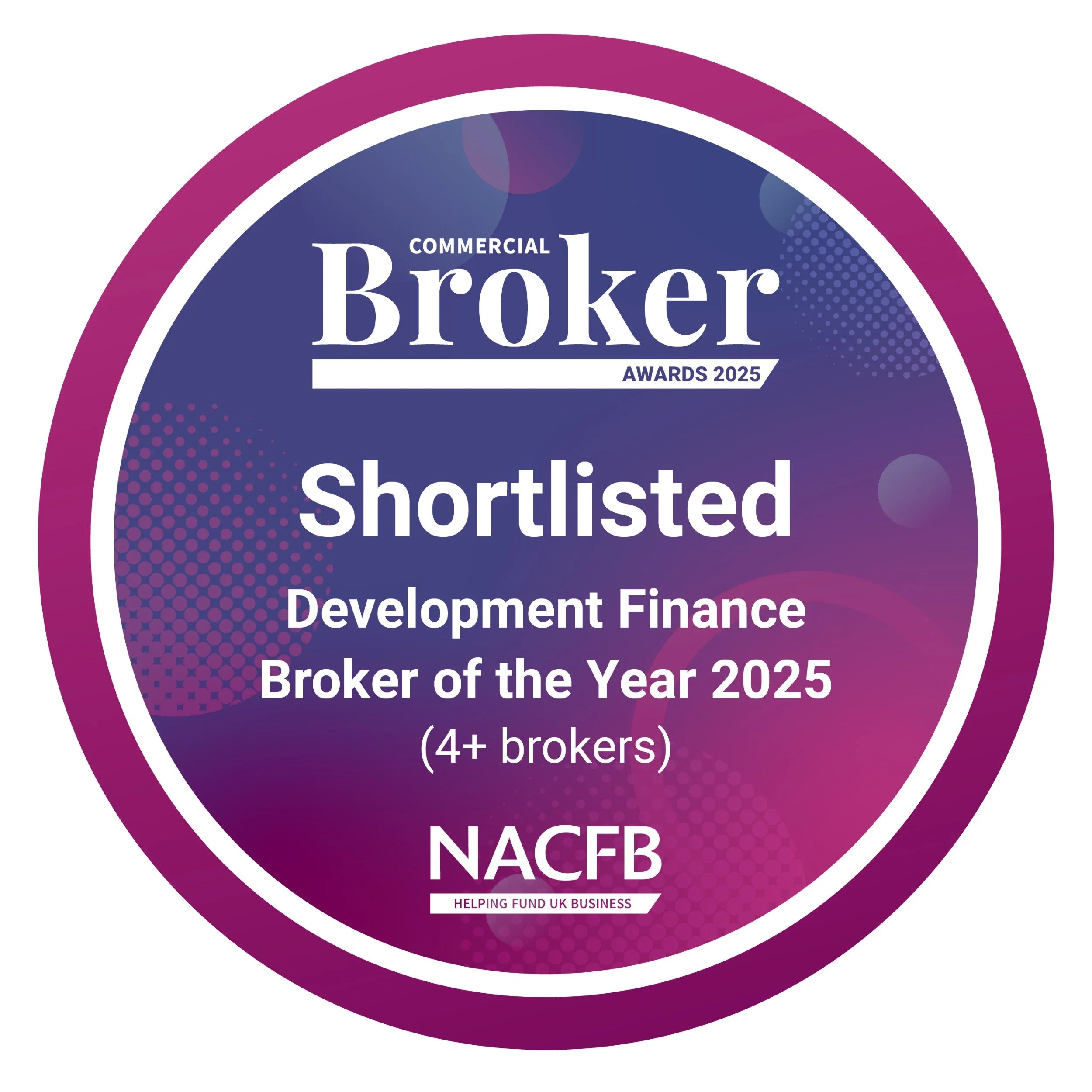 Badge showing Mayflower is a shortlist for Development Finance Broker of the Year 2025, awarded by NACFB.