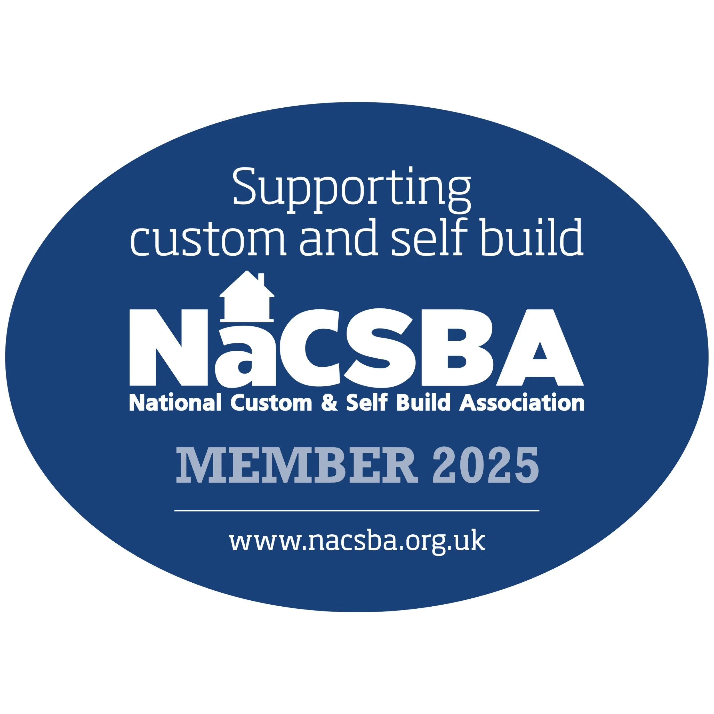 Gold oval badge from the National Custom & Self Build Association supporting their 2024 Gold Partner status, featuring their website www.nacsba.org.uk.