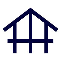 Simple blue house outline with a gabled roof and chimney.