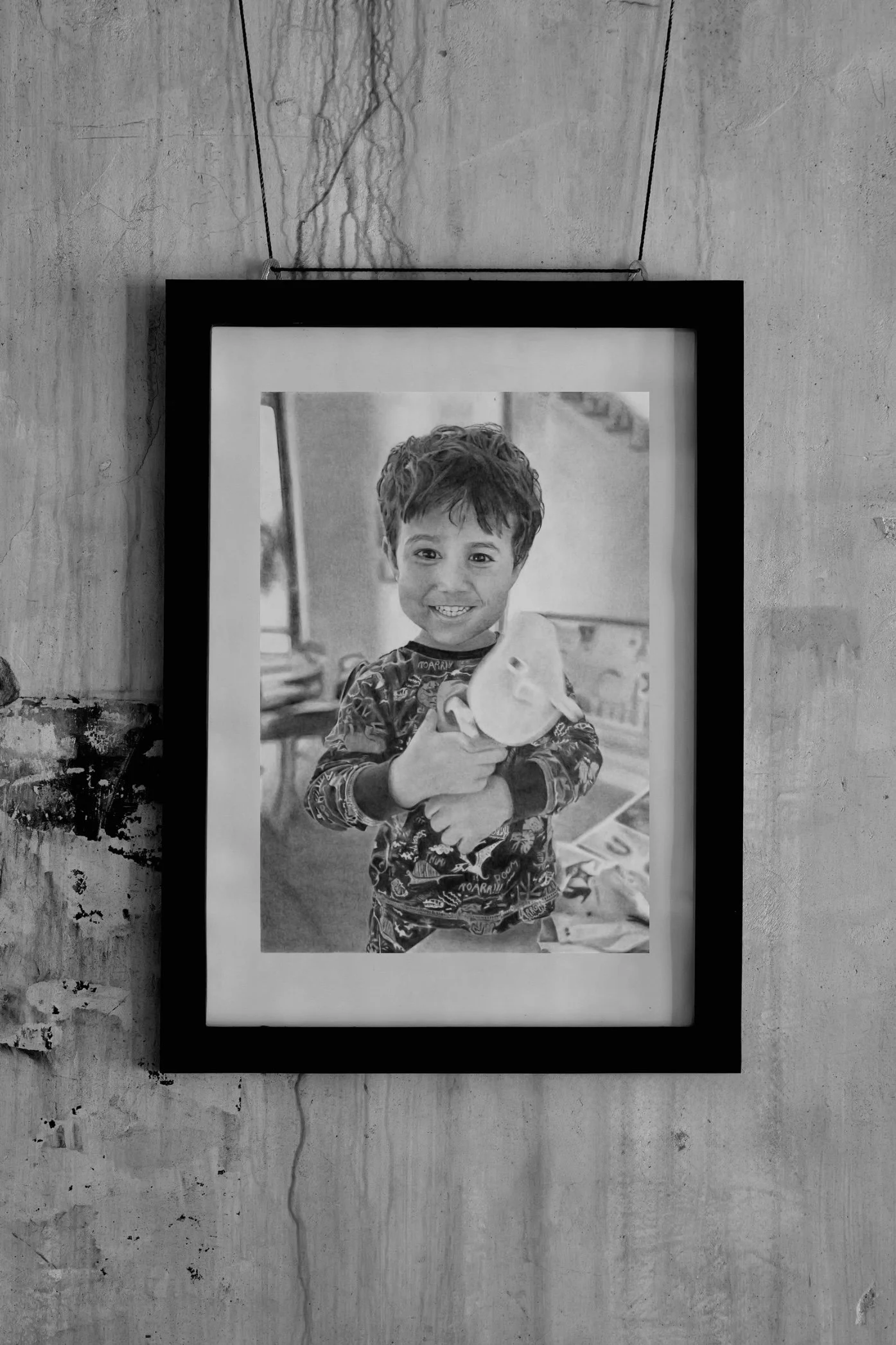 Black and white photograph of a smiling young boy holding a toy sword, displayed in a black frame hanging on a textured wall.