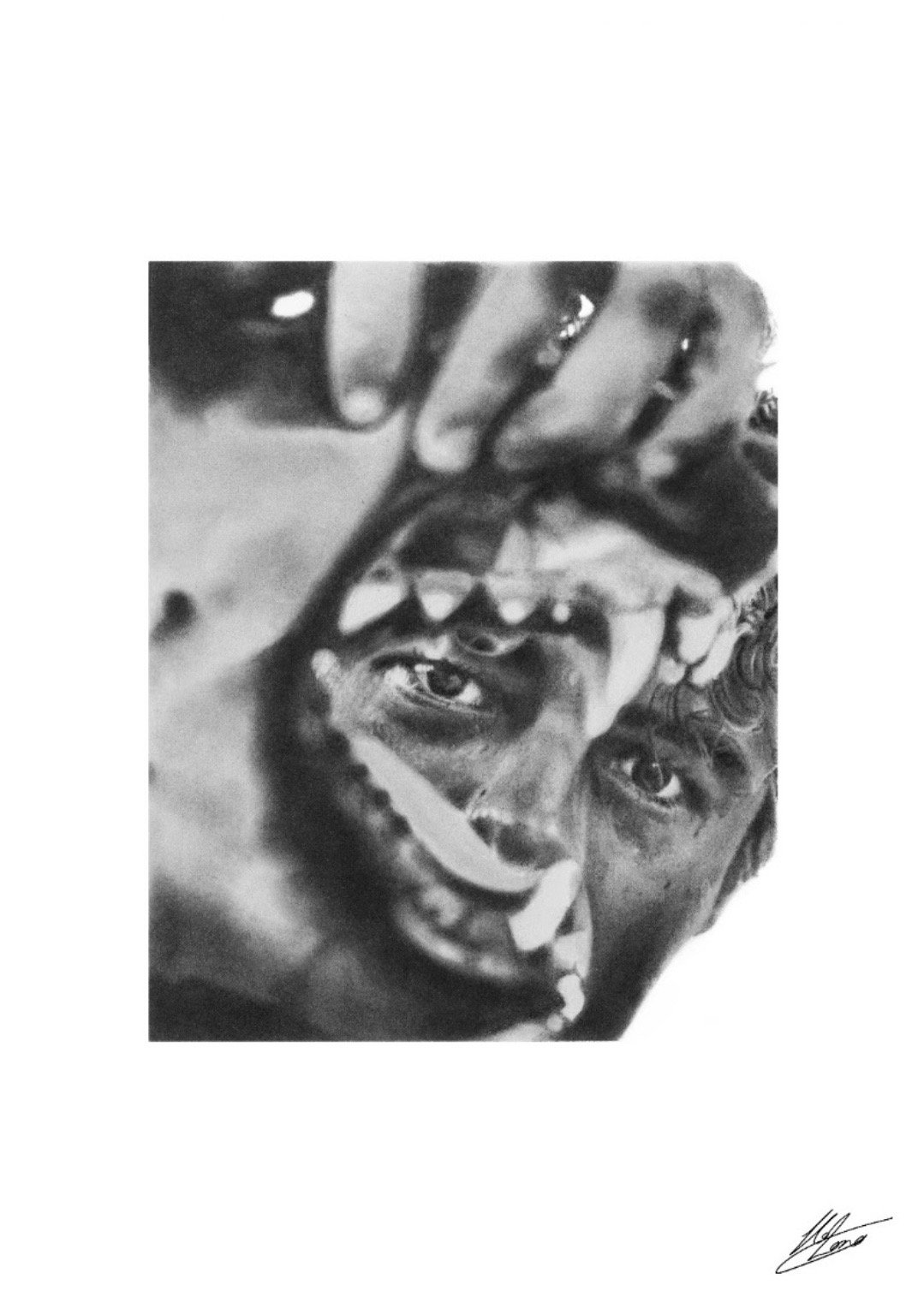 A black and white drawing of a person's face with a big smile, showing their teeth. The person is holding their fingers up near their face, with some of the fingers partially covering their face.