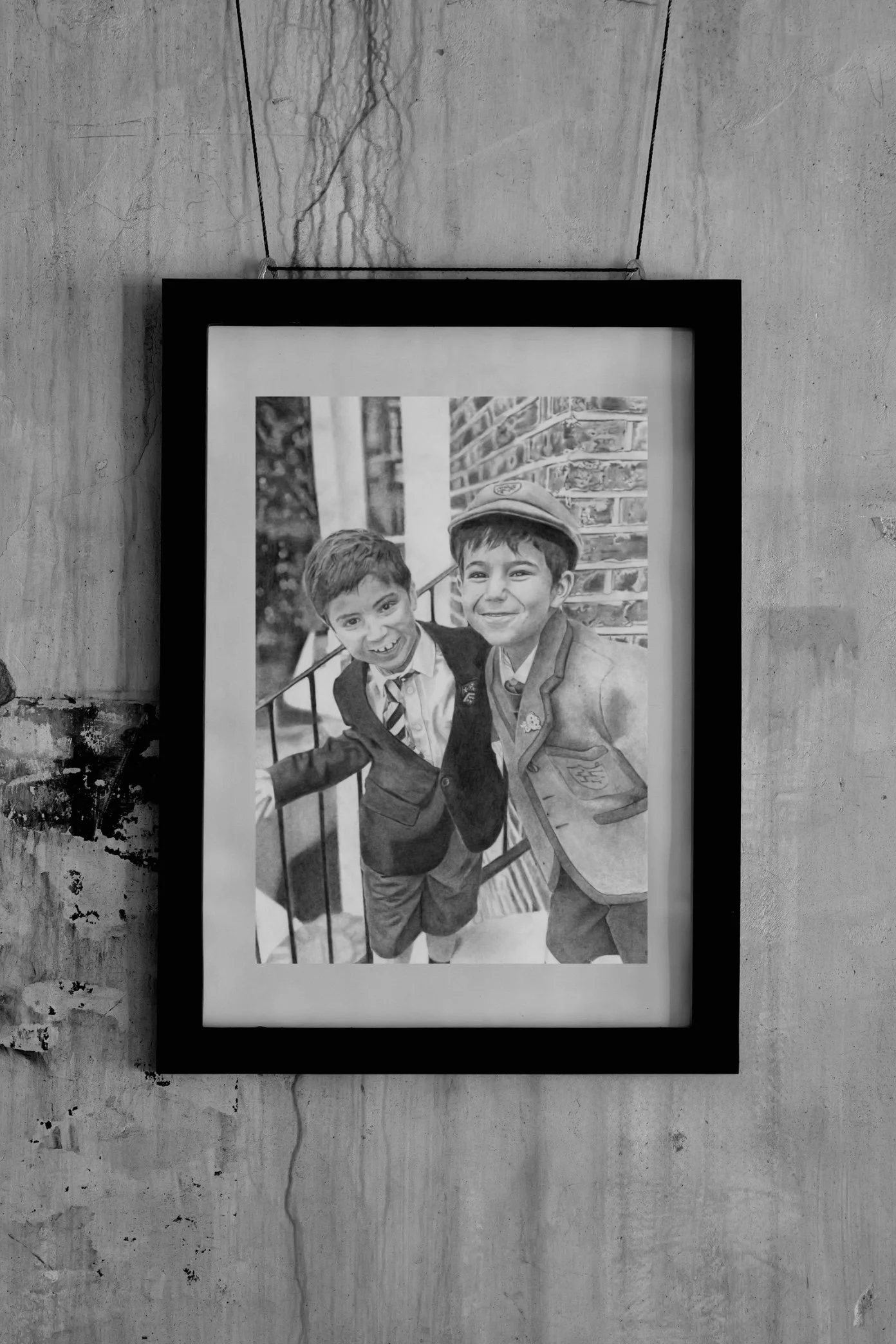 Black and white photograph of two young boys smiling and standing close together on a staircase, dressed in suits, with a brick wall in the background.