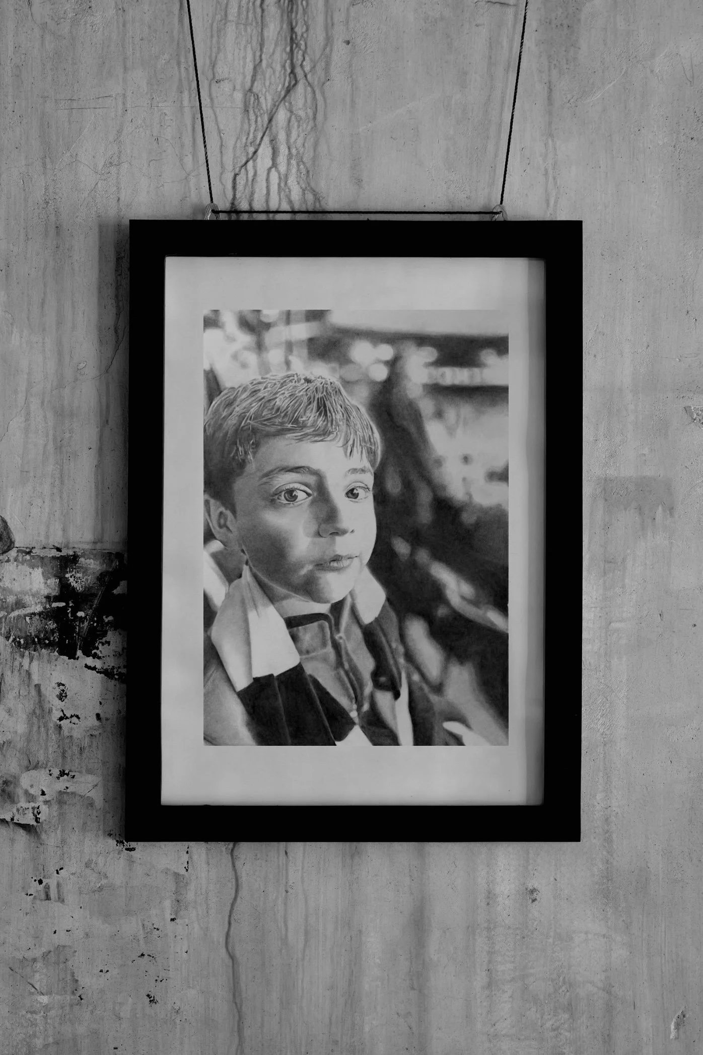 Black and white photograph of a framed portrait of a young boy with short hair, wearing a jacket, against an outdoor city background, hanging on a rough wall.