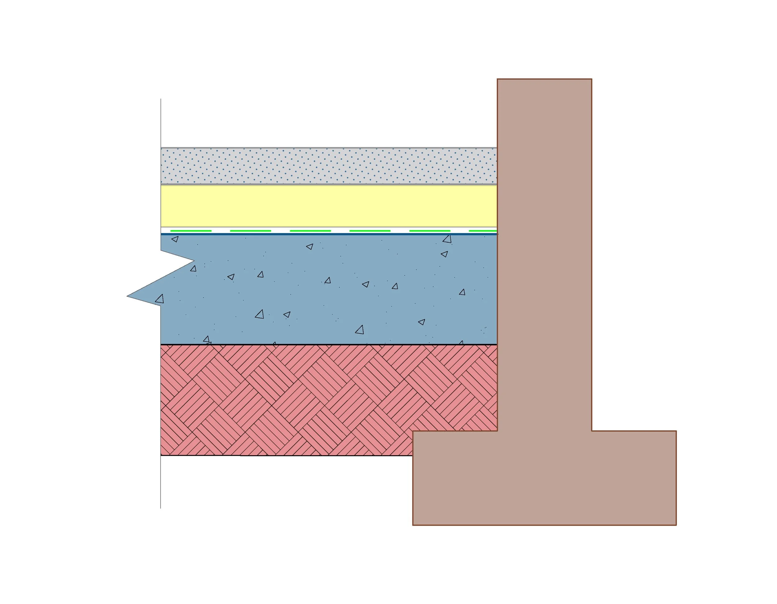 Cross-section diagram of a layered basement foundation showing different construction materials including gravel, plastic drainage pipe, foam insulation, and concrete, with a brown structural wall on the right. Solid Build Architectural & Structural
