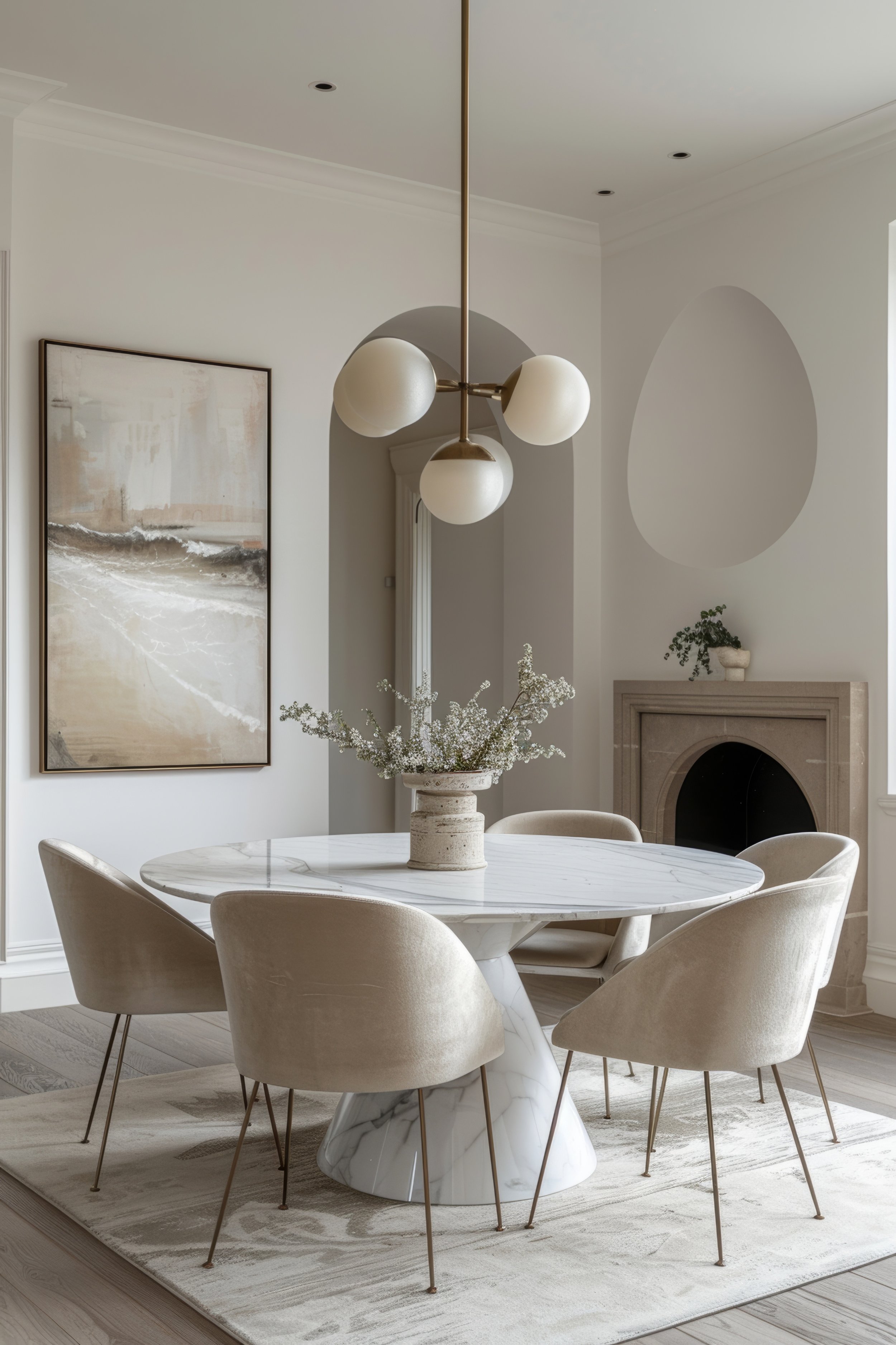 Interior deisgn of room with a marble round table, six beige upholstered chairs, a modern chandelier with three globe lights, a white vase with flowers, a decorative fireplace, and a large abstract ocean art piece on the wall.