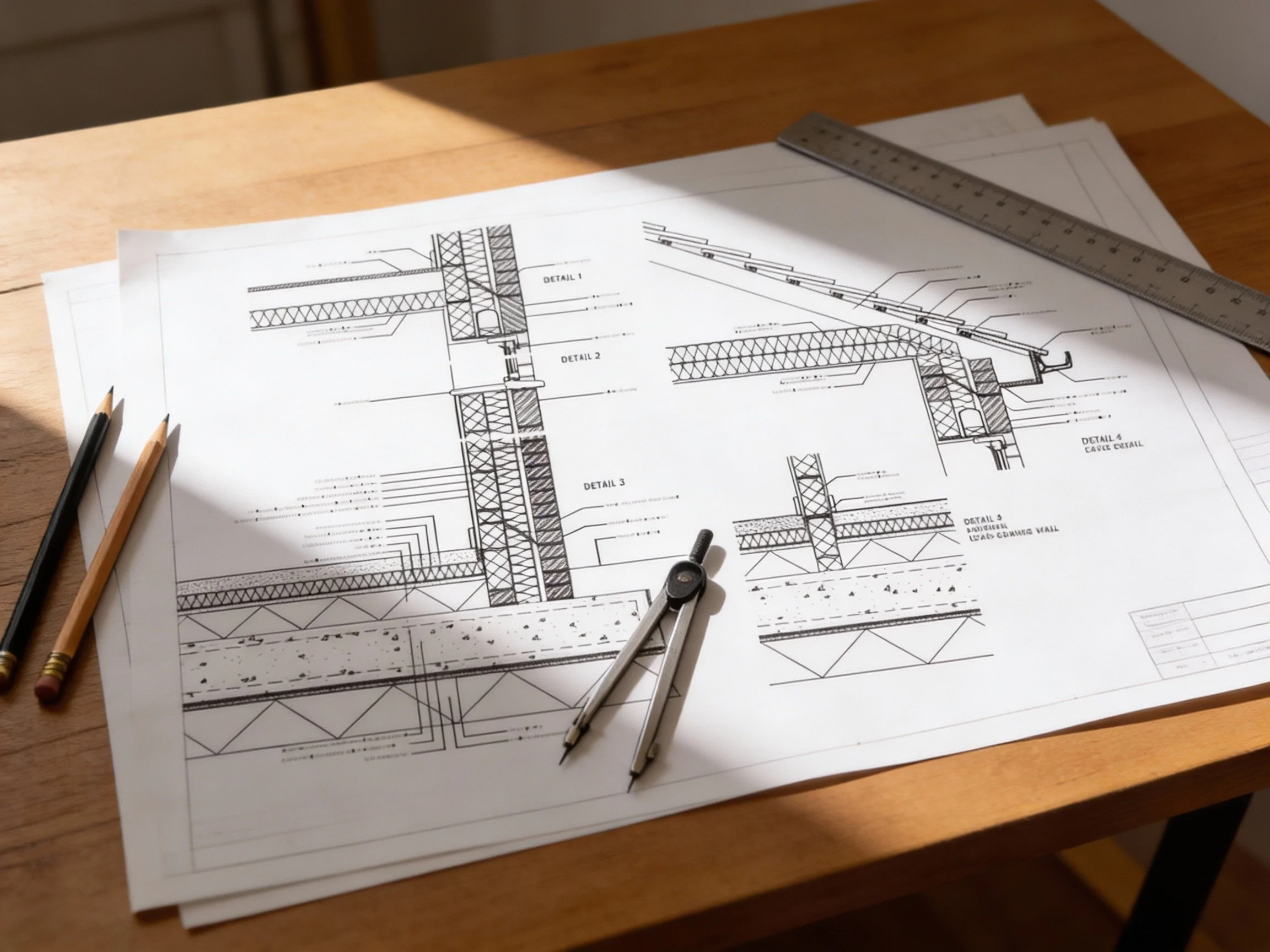 Architectural blueprints spread out on a wooden table with a compass, two pencils, and a ruler nearby.