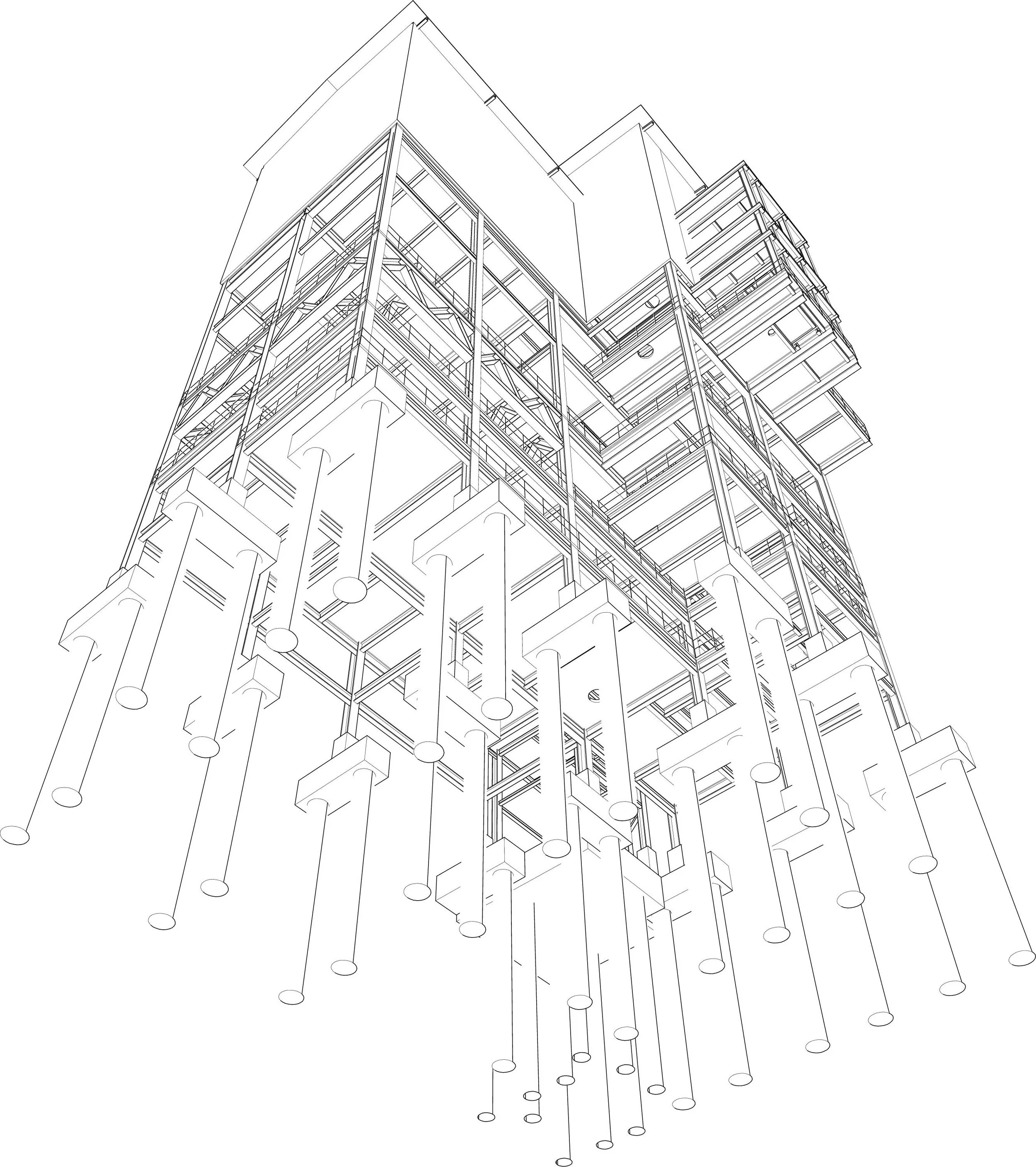Architectural Line drawing of a multi-story modern building with visible structural supports and balconies.