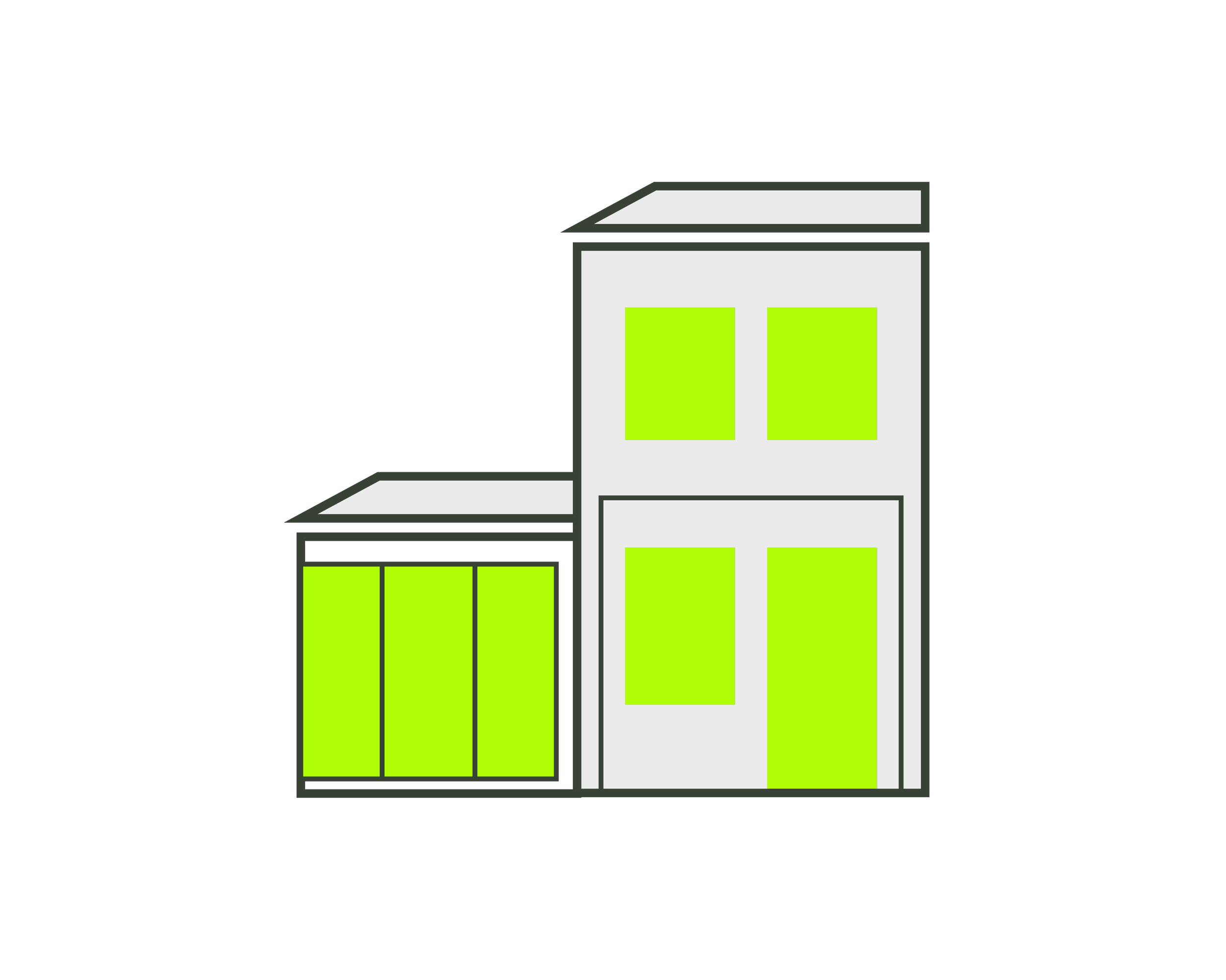 Digital illustration of a dark gray house with bright green windows and a flat roof, with a black background.