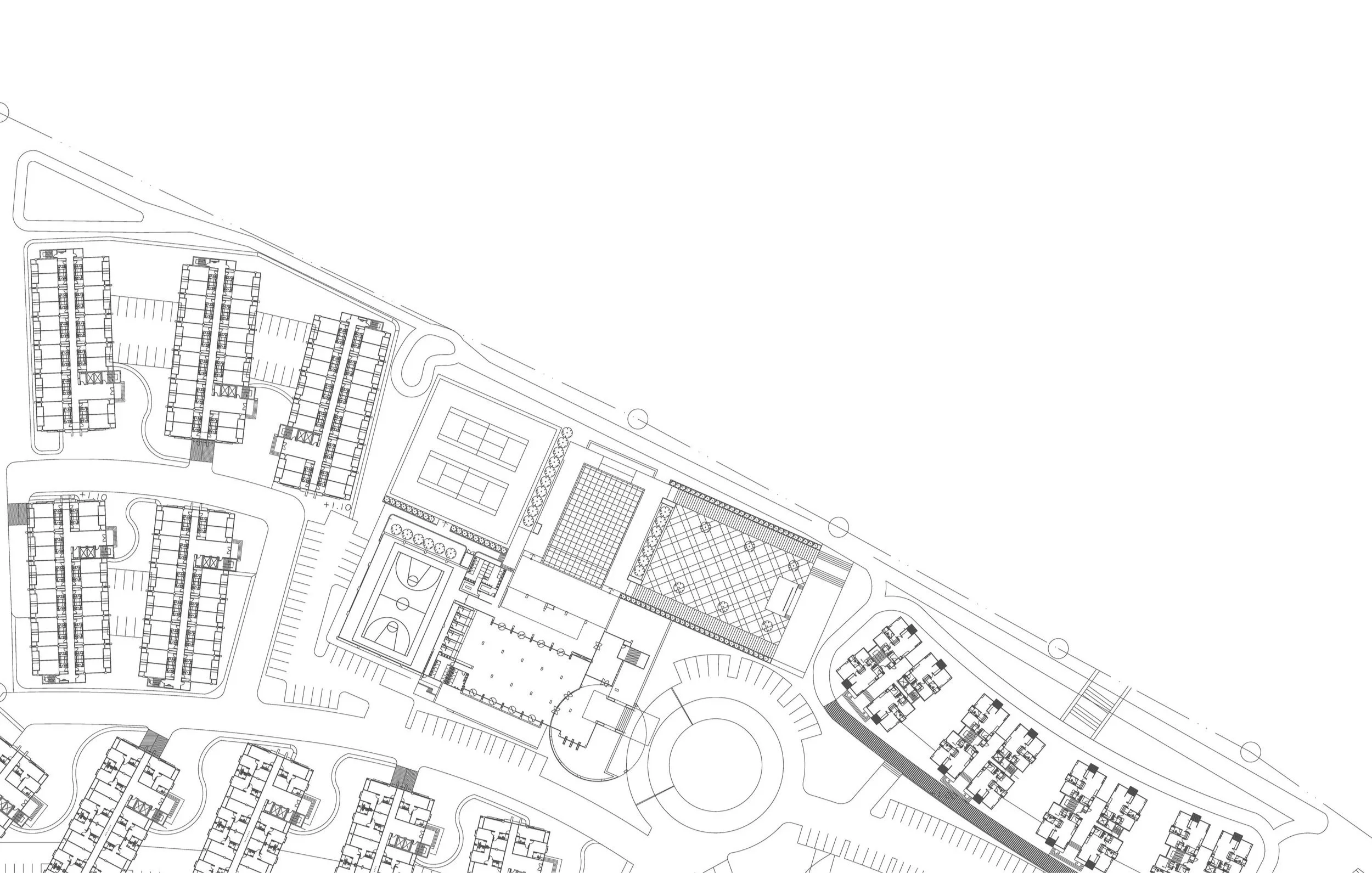 Architectural conceptual drawing of a residential complex including multiple apartment buildings, sports courts, parking lots, and landscaped areas.