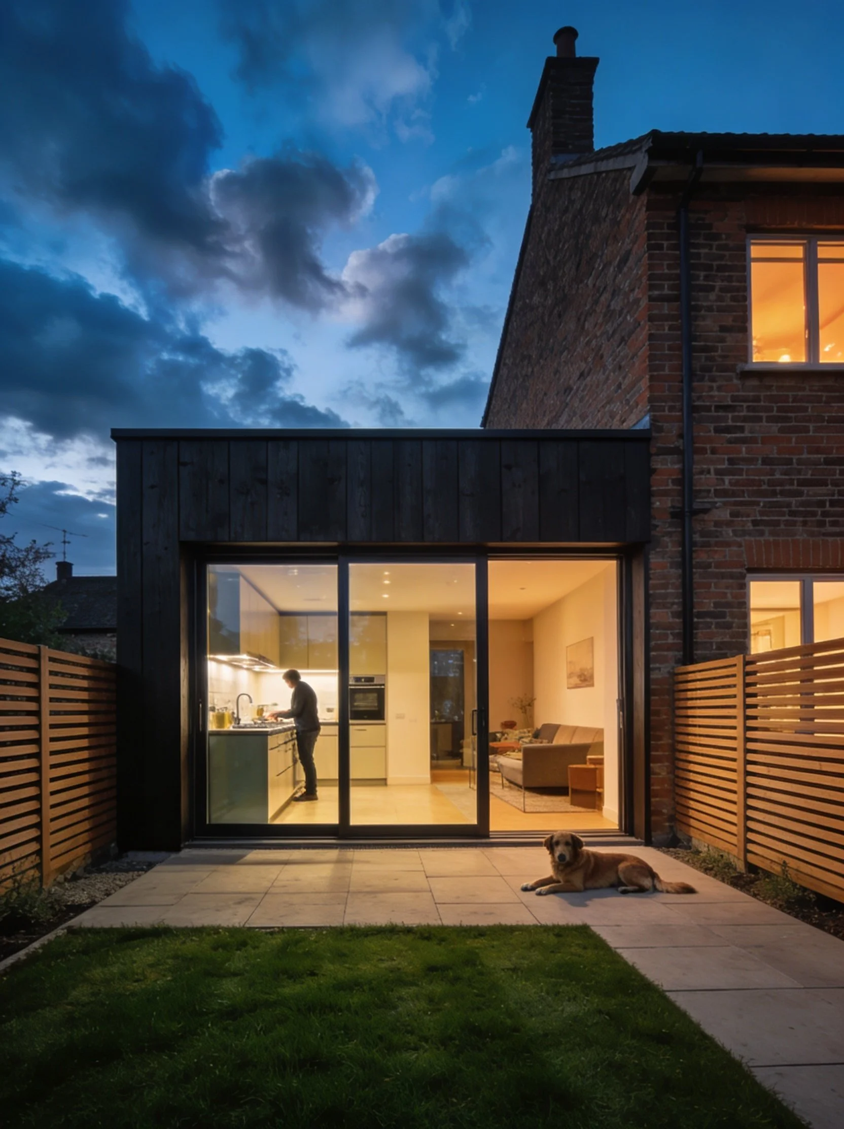 A modern house with large glass doors, illuminated interior, and brick walls. The backyard has a tiled patio with a dog lying on it, surrounded by green grass, a wooden fence, and cloudy evening sky. Solid Build Architectural & Structural Engineering